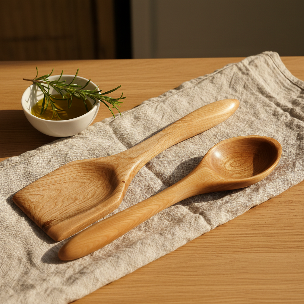 Curly maple spatula and spoon set lifestyle