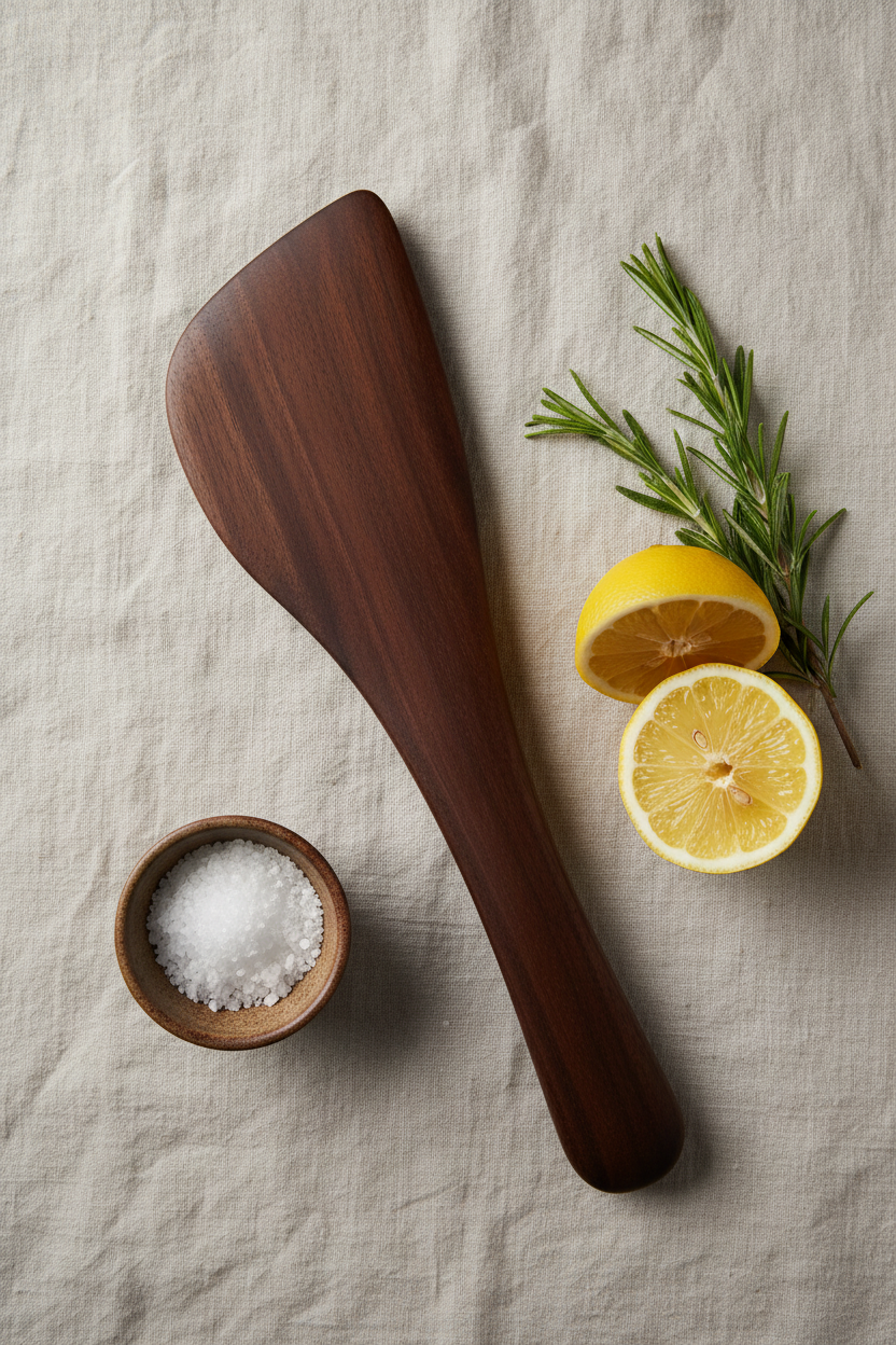 Walnut Angled Spatula — Linen Flat Lay