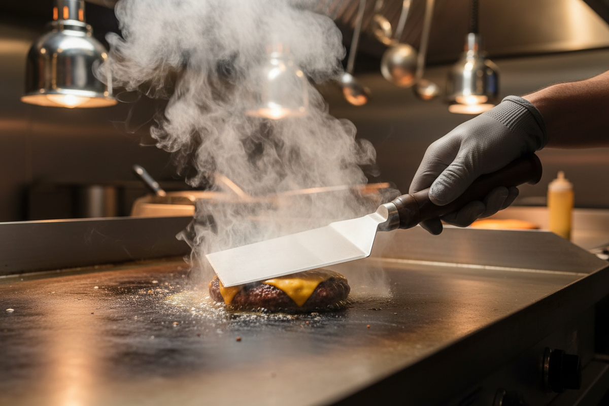 Walnut handle griddle spatula smashing burger on flat-top