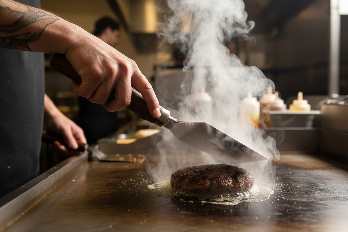 Walnut No. 5 spatula smashing burger on flat-top