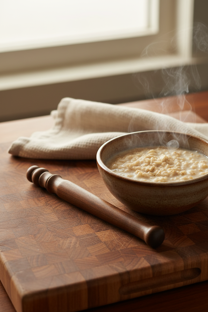 Walnut Spurtle — Beside Bowl on Butcher Block