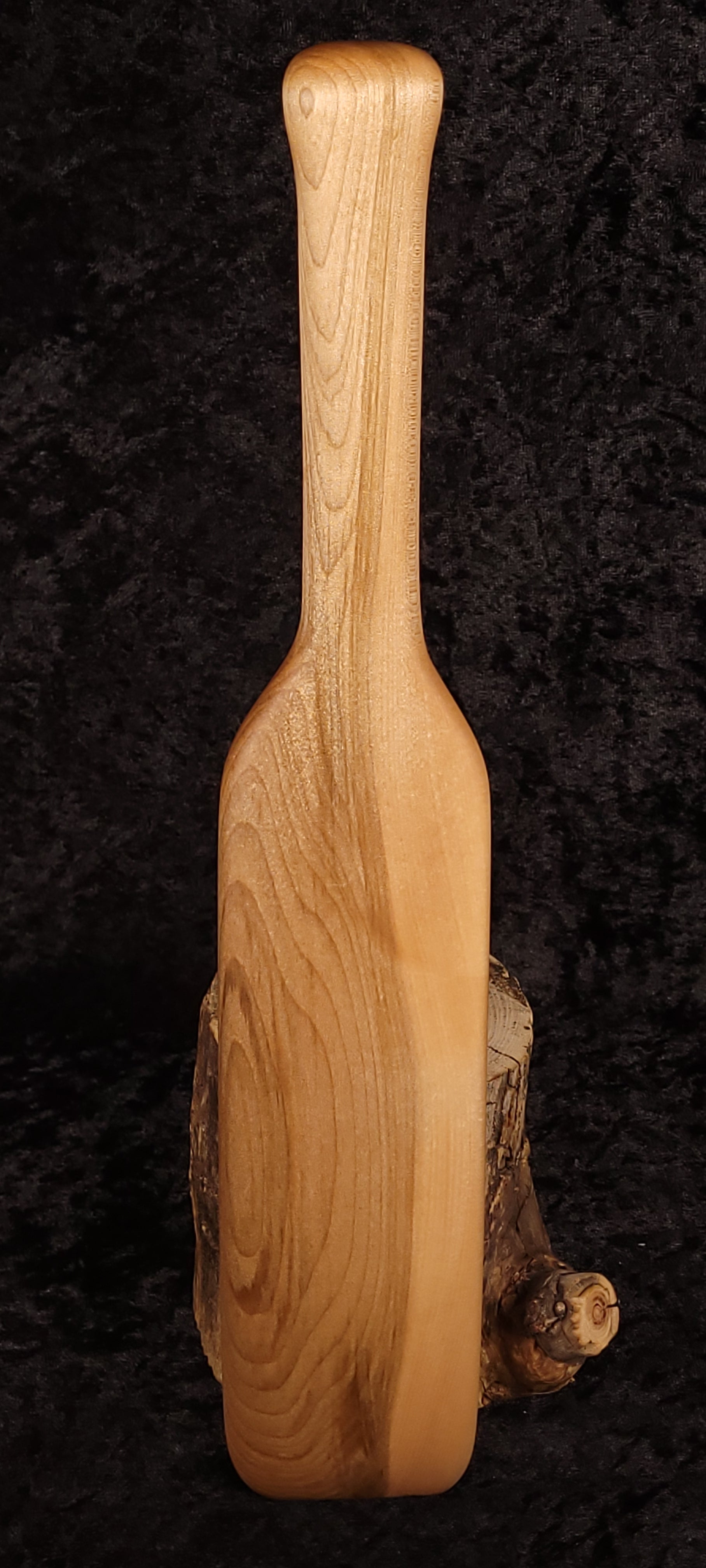 Curly maple spatula side view leaning on log
