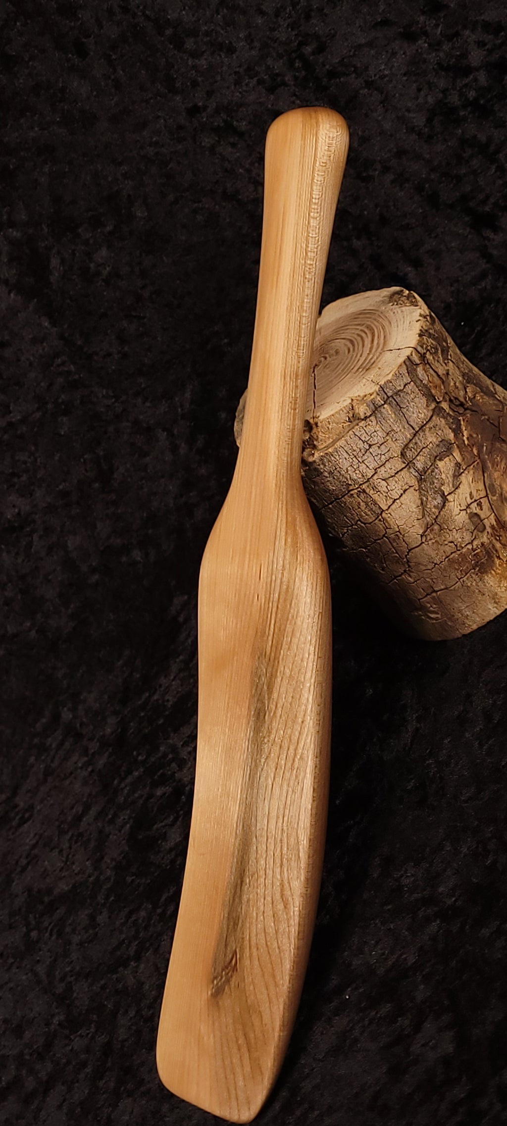 Curly maple spatula horizontal view on log