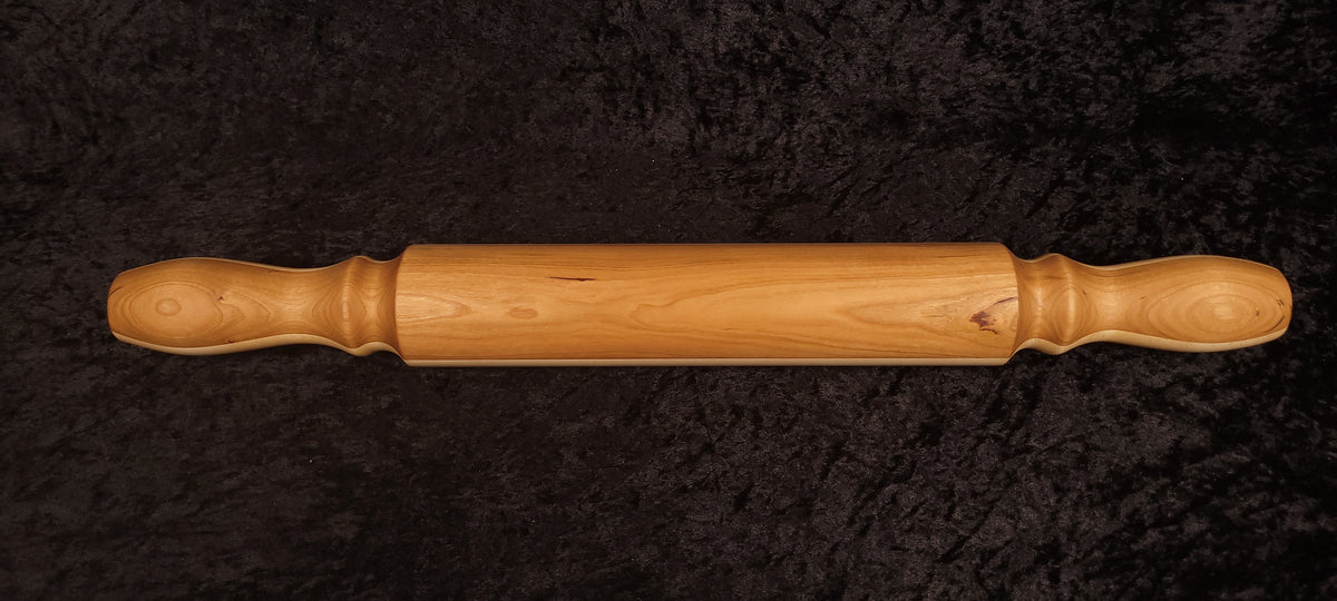 Cherry rolling pin full length, warm grain top view