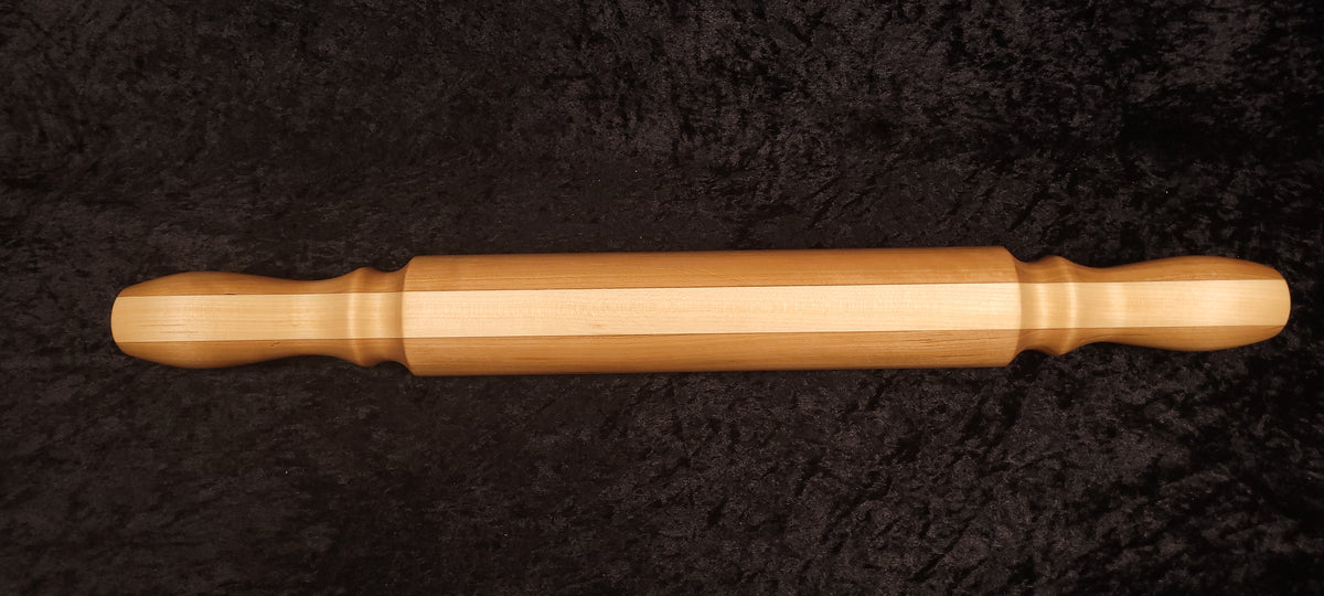Cherry and maple rolling pin full length side view