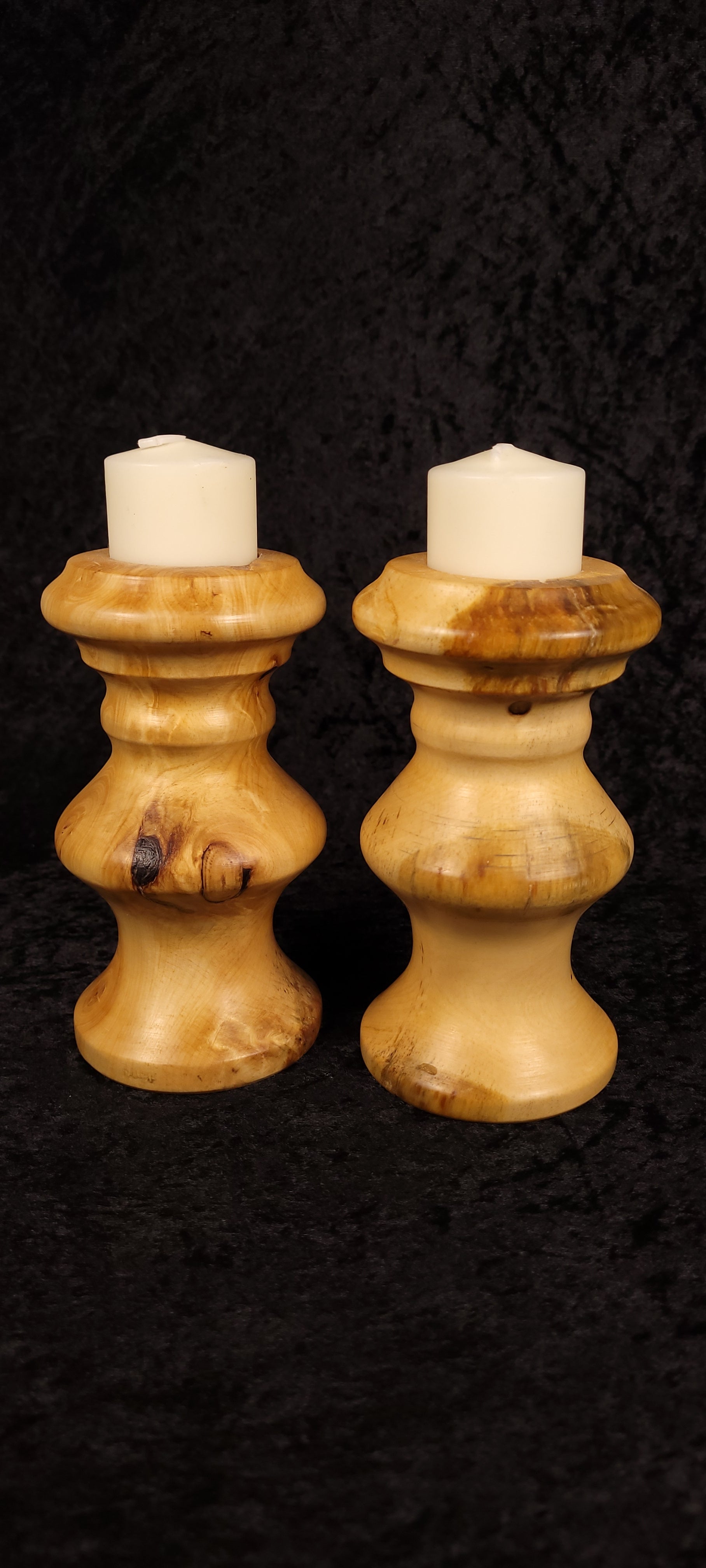 Piñon pine candle holders set side angle view