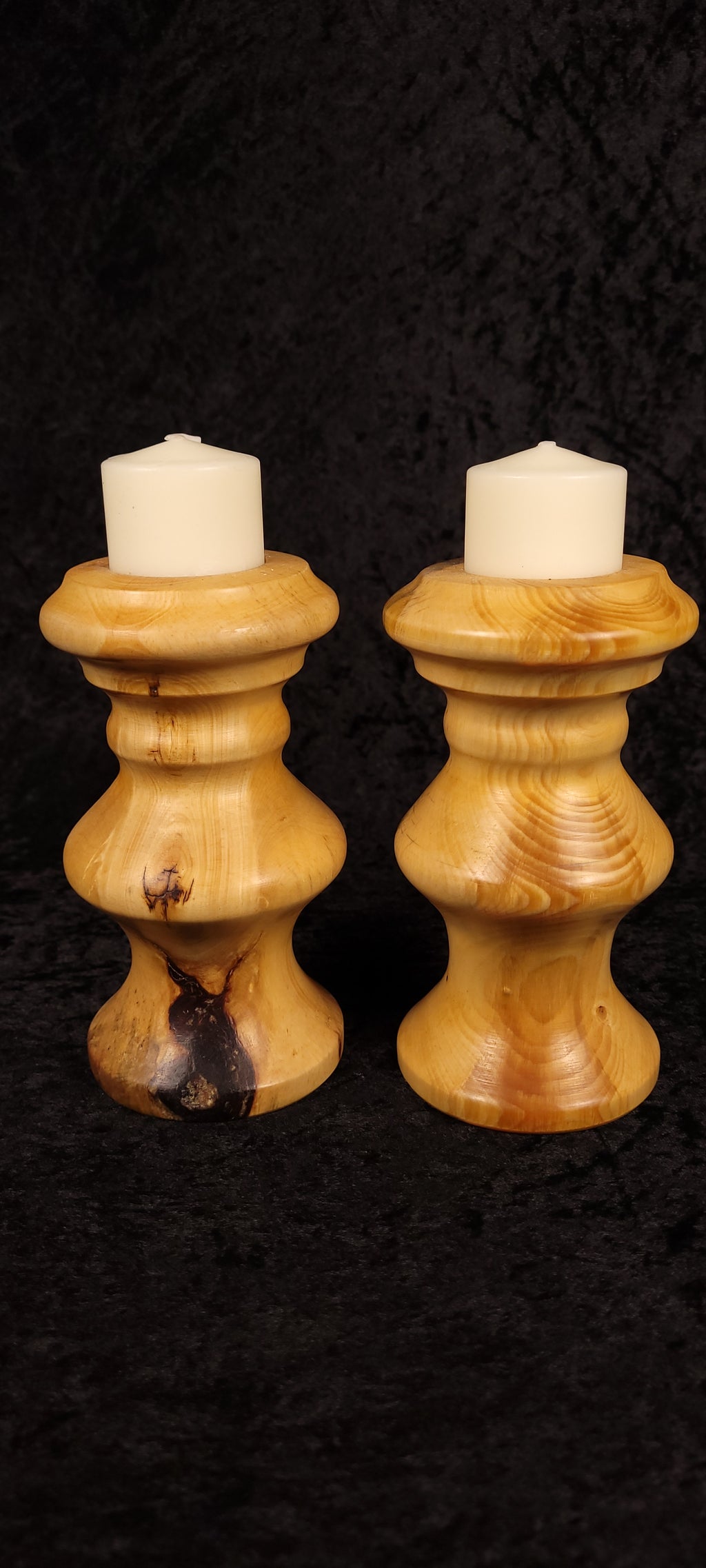 Piñon pine candle holders showing resin pocket detail