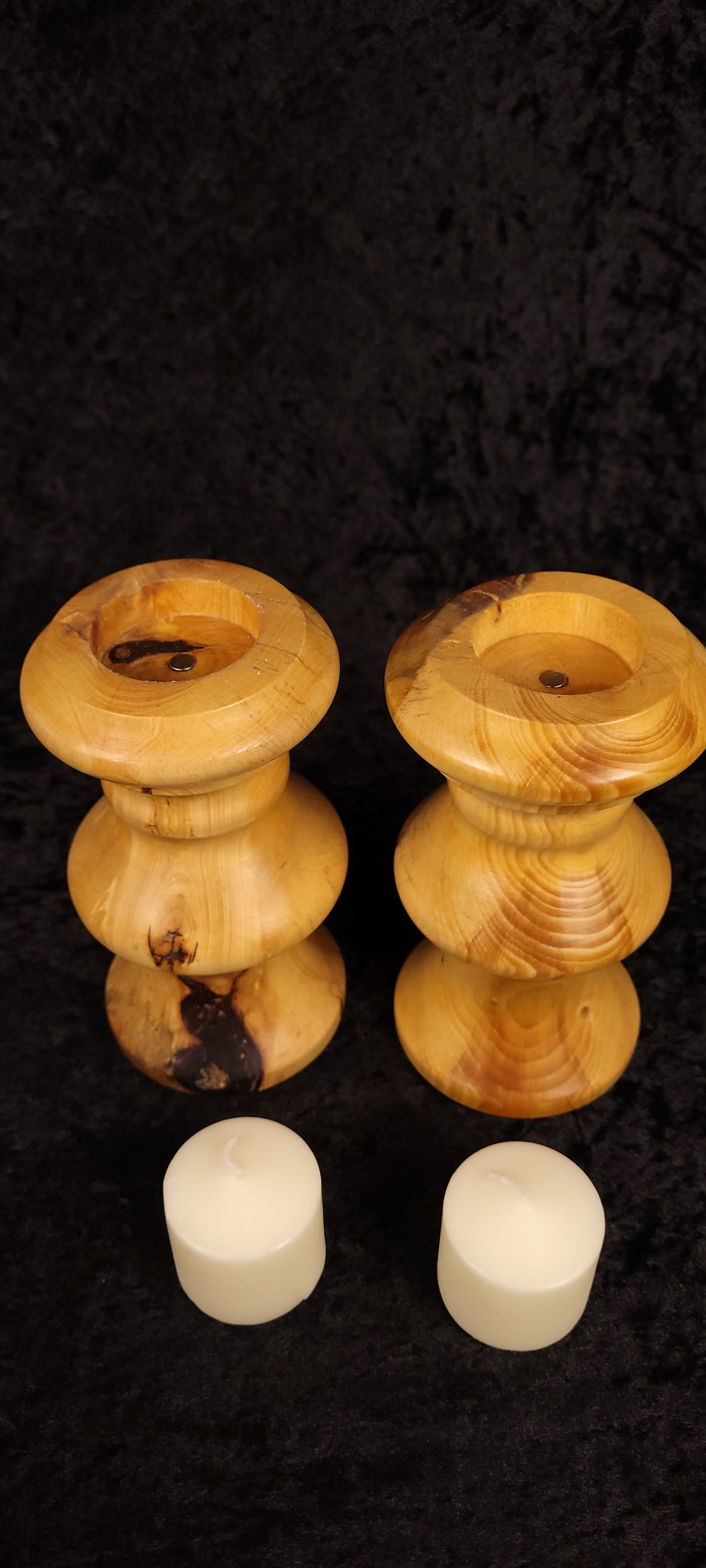 Piñon pine candle holders top view showing candle wells