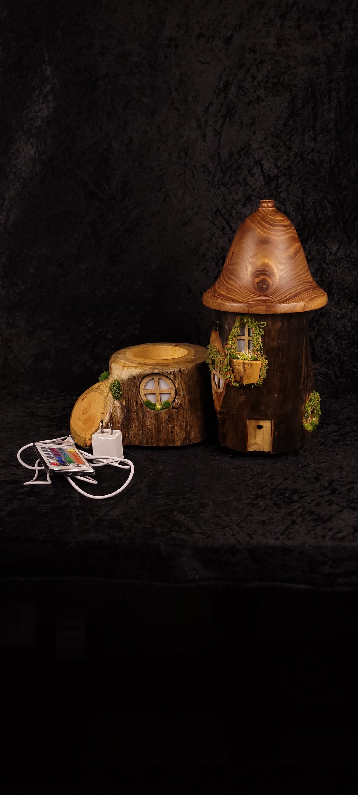 Hand-carved fairy house lamp - front view warm glow