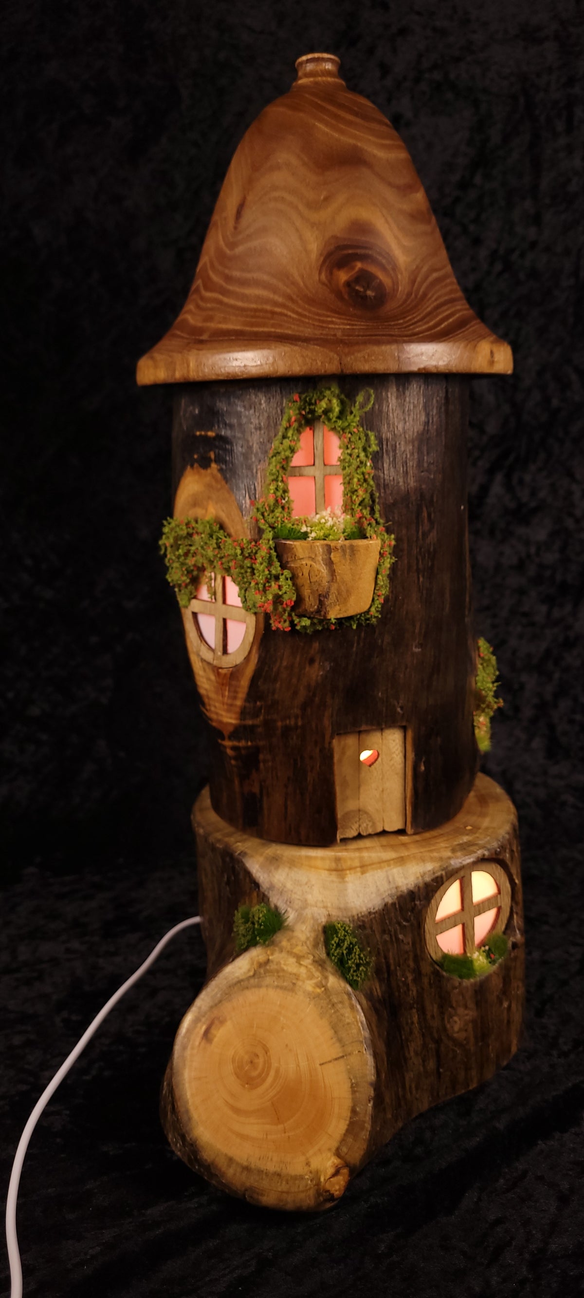 Hand-carved fairy house lamp - side with natural crack detail