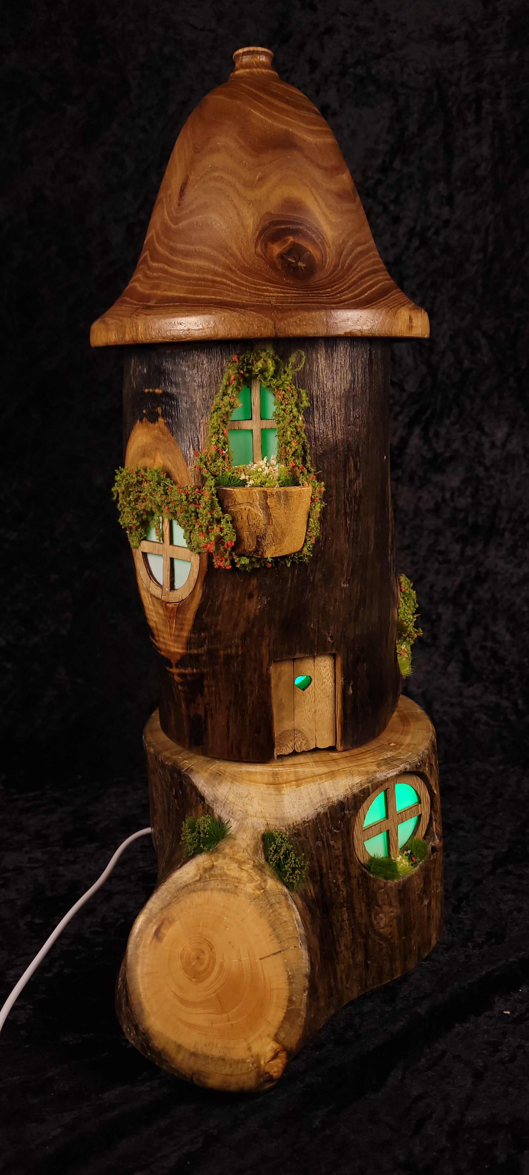 Hand-carved fairy house lamp - opposite side view