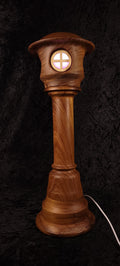 Hand-turned fairy tower lamp - three windows red glow side view