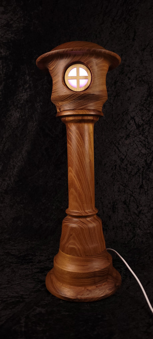 Hand-turned fairy tower lamp - three windows red glow side view