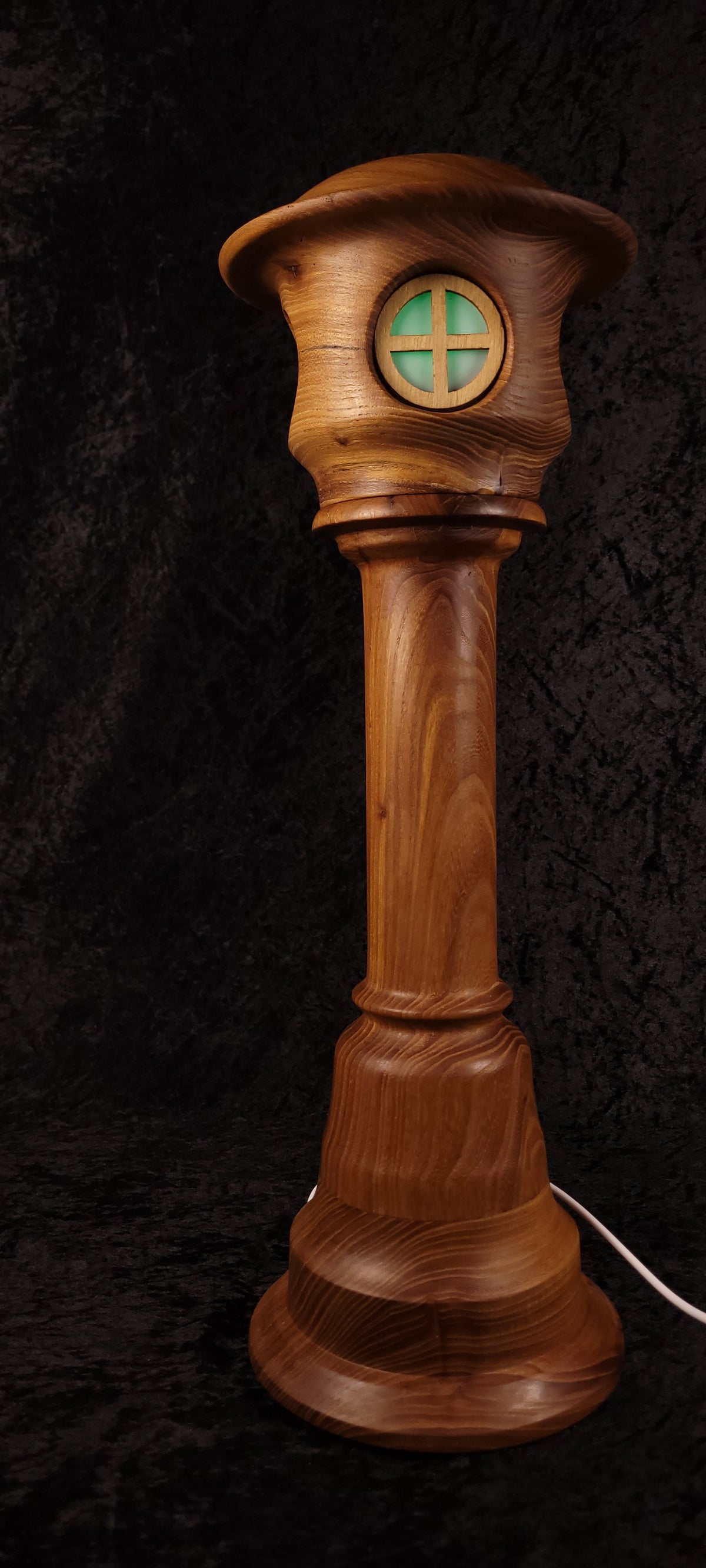 Hand-turned fairy tower lamp - two windows warm glow front