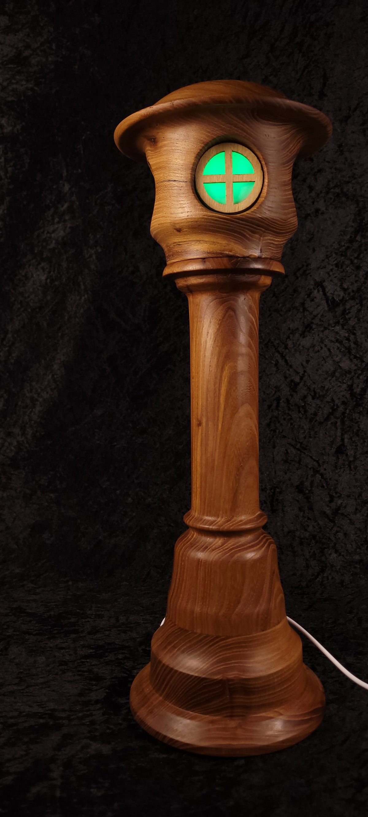 Hand-turned fairy tower lamp - two windows warm glow angle