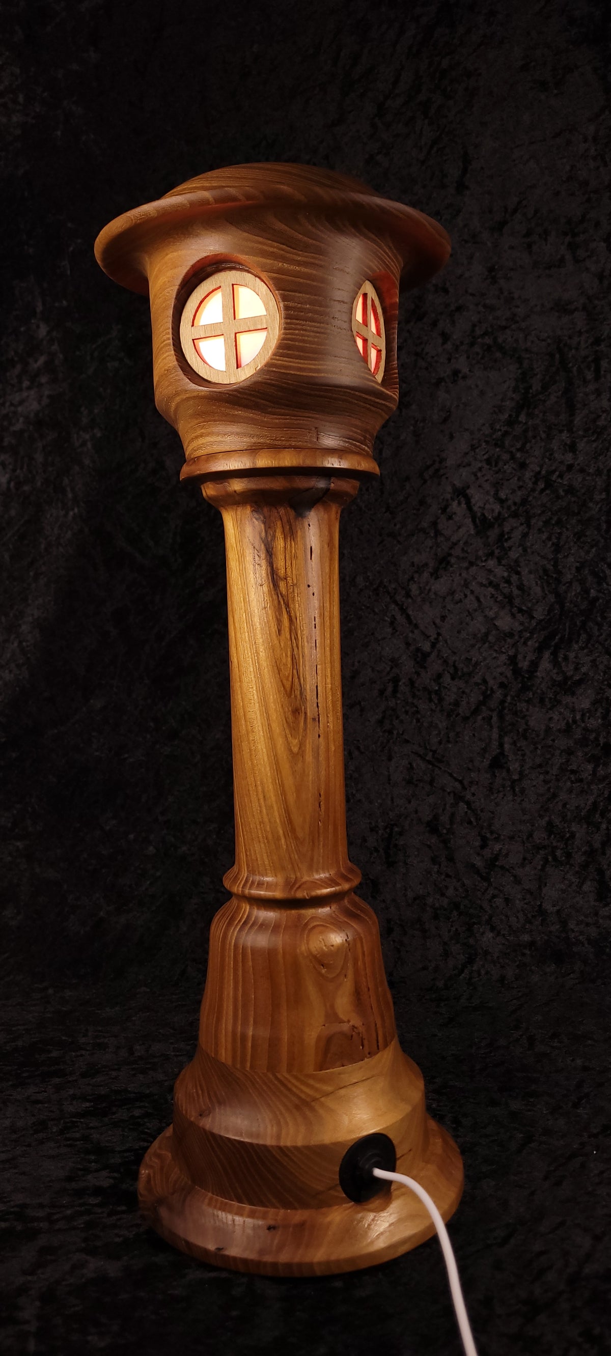 Hand-turned fairy tower lamp - wide hat roof warm glow