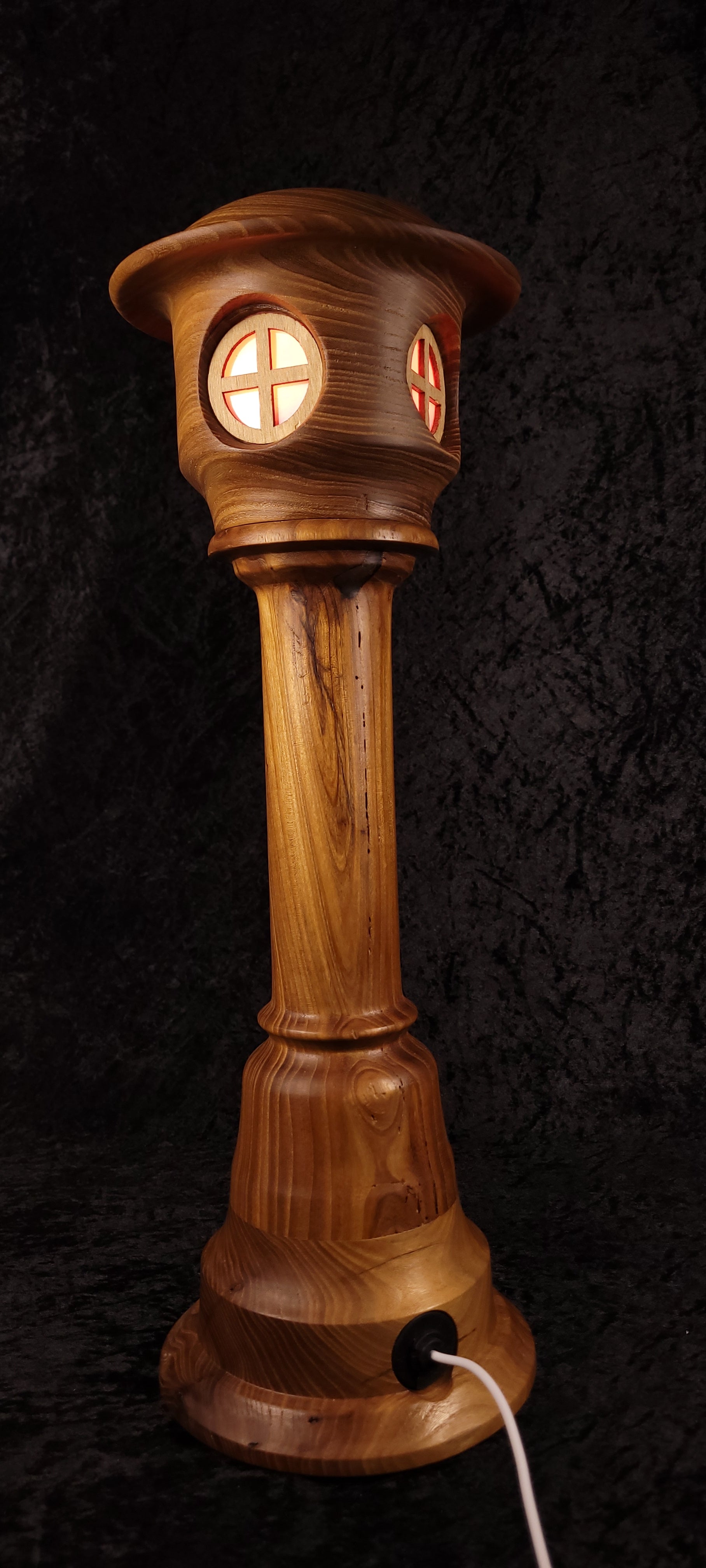 Hand-turned fairy tower lamp - wide hat roof warm glow