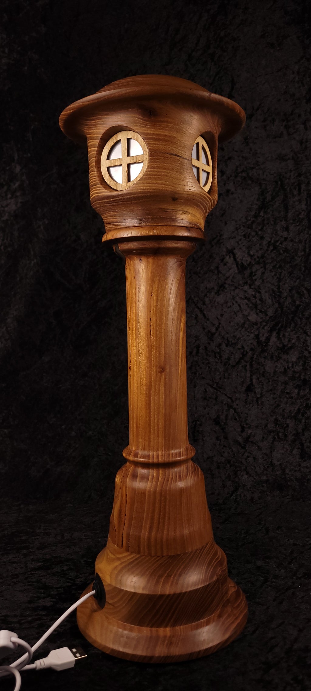 Hand-turned fairy tower lamp - wide hat roof bright glow