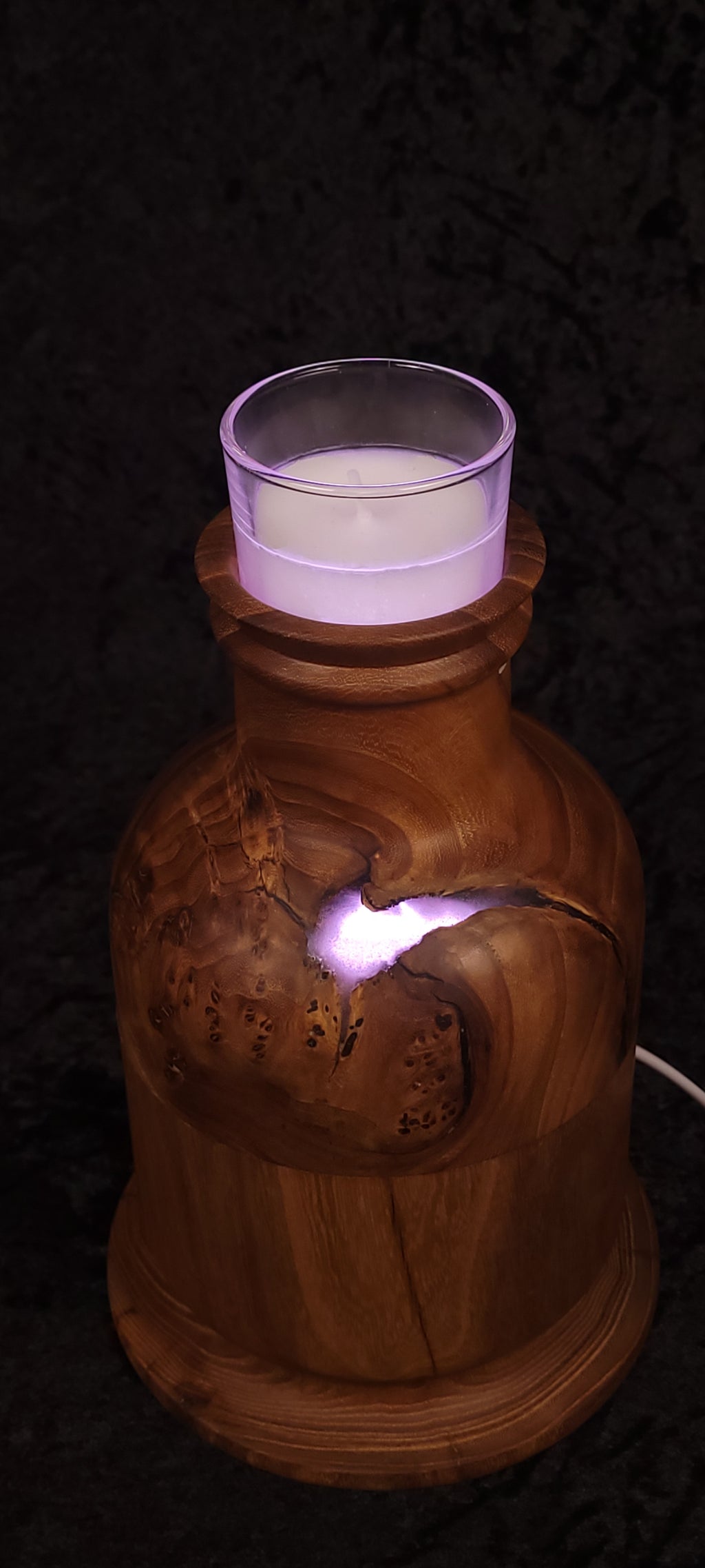 Elm candle lamp unlit, front view showing woodgrain and natural void