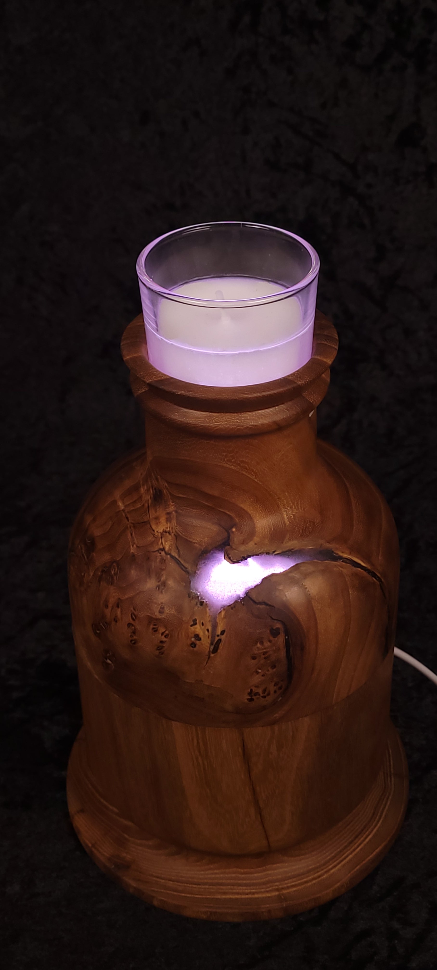 Elm candle lamp unlit, front view showing woodgrain and natural void