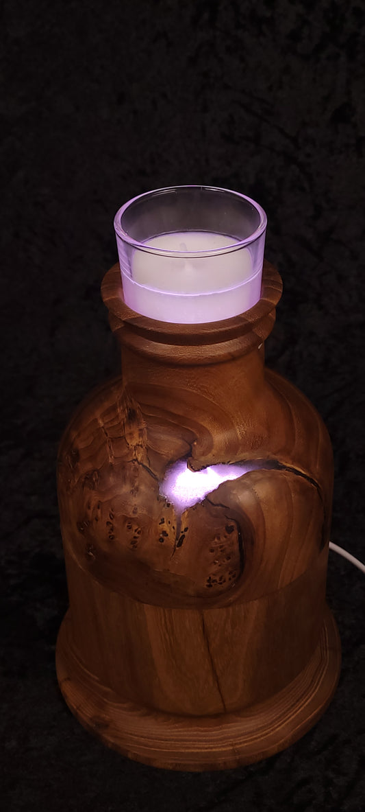 Elm candle lamp unlit, front view showing woodgrain and natural void