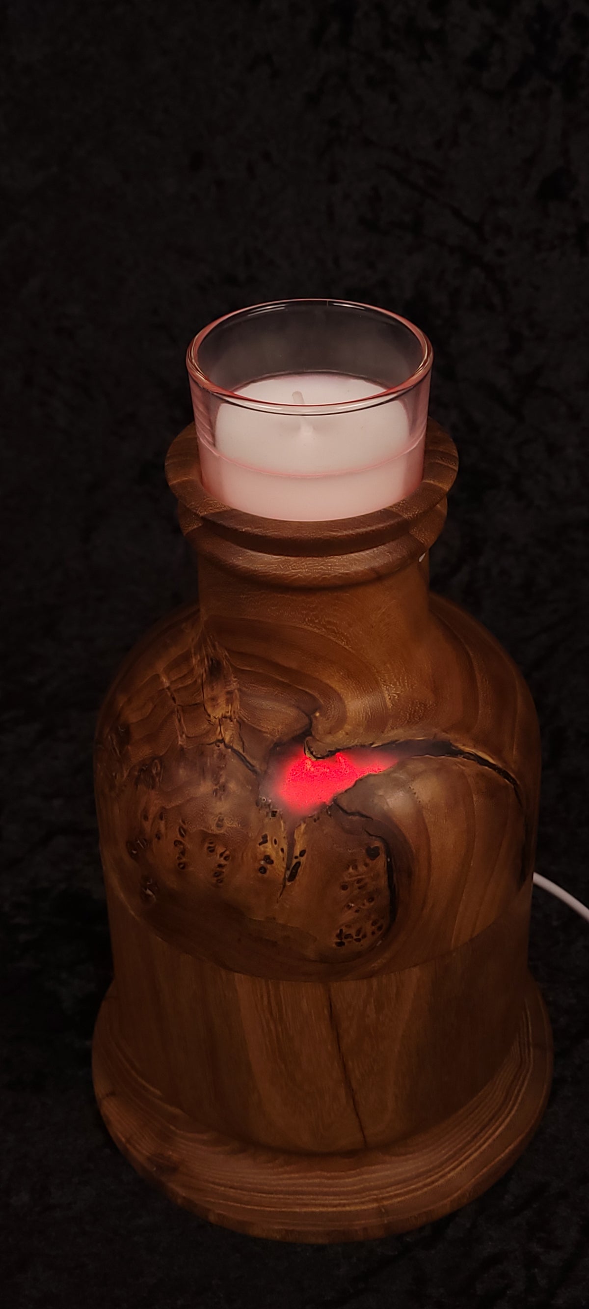 Elm candle lamp unlit, side angle showing turned form and base