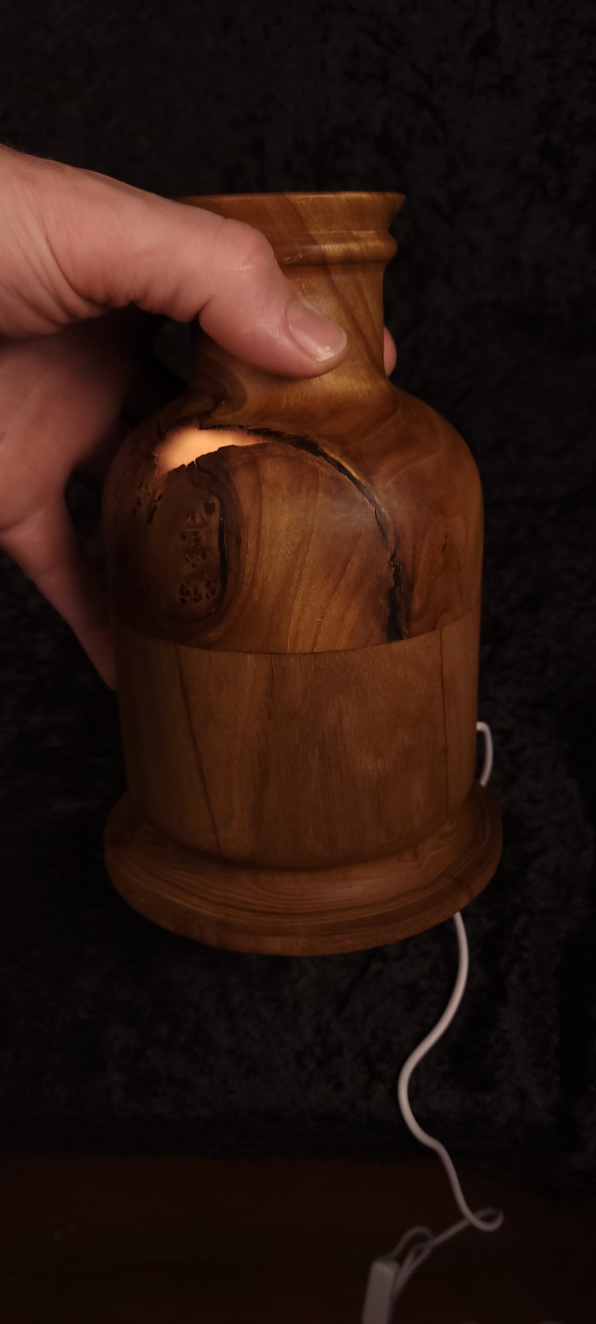 Elm candle lamp unlit, alternate angle showing base detail