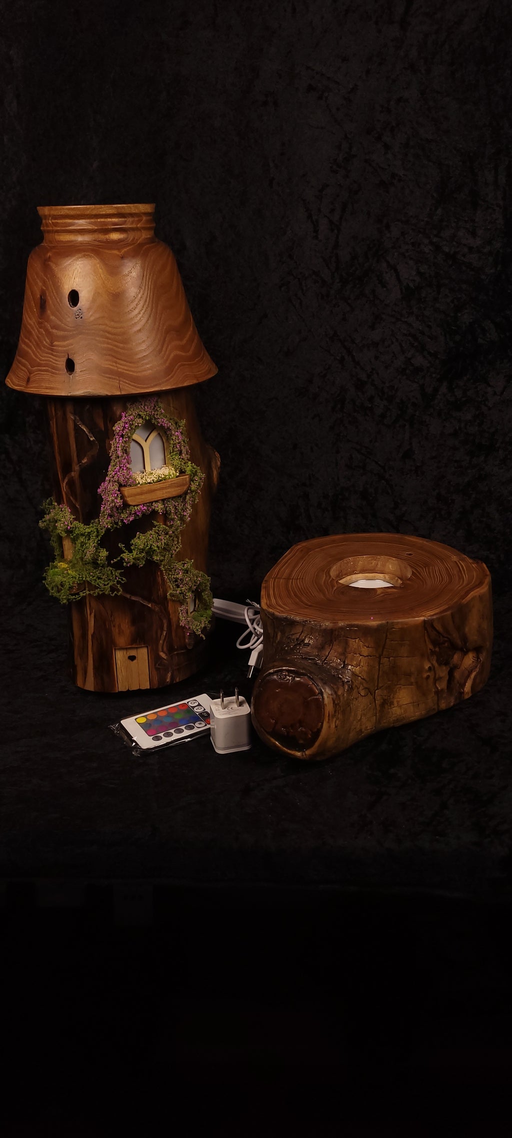 Fairy tower lamp full view showing elm base and aspen body