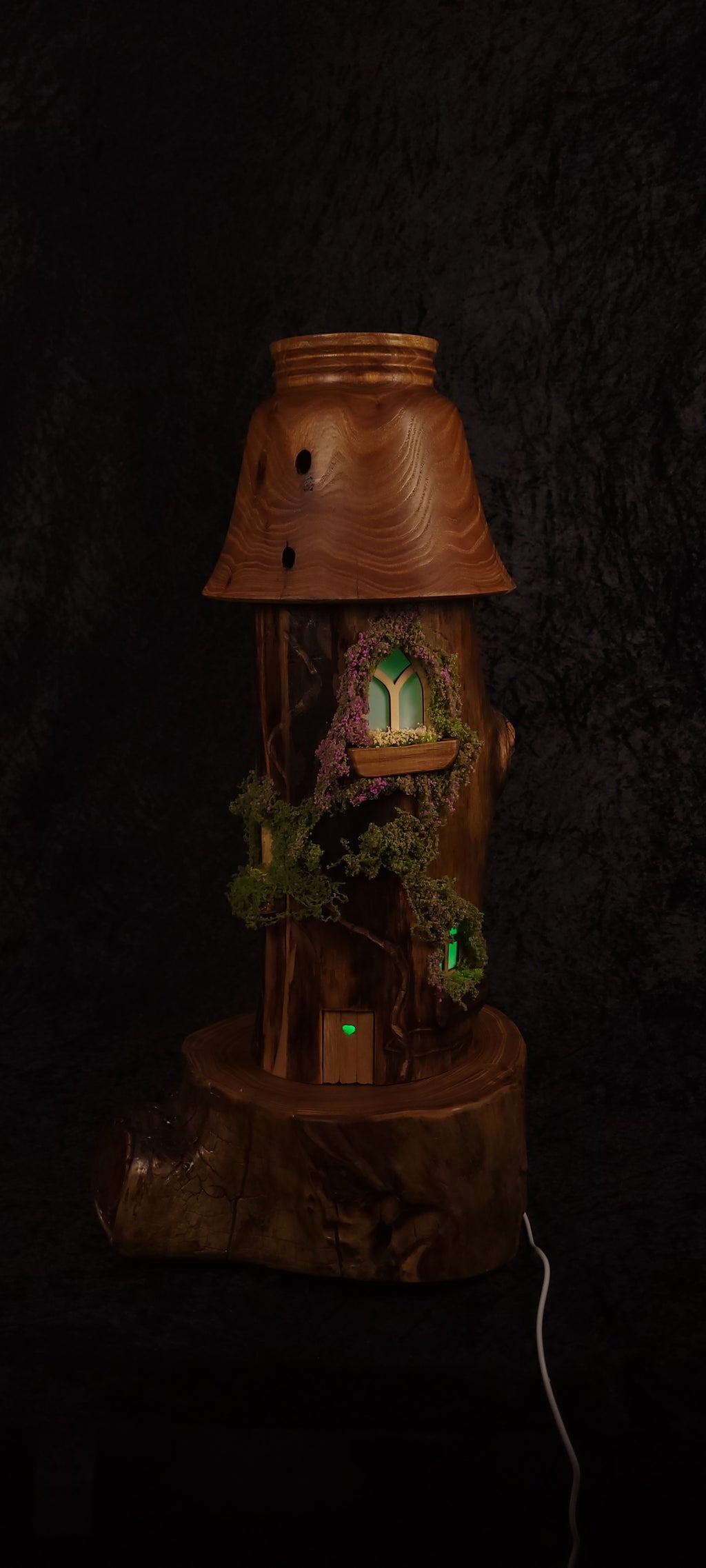 Hand-turned elm and aspen fairy tower lamp, unlit, showing elm shade and base