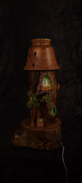 Hand-turned elm and aspen fairy tower lamp, unlit, showing elm shade and base