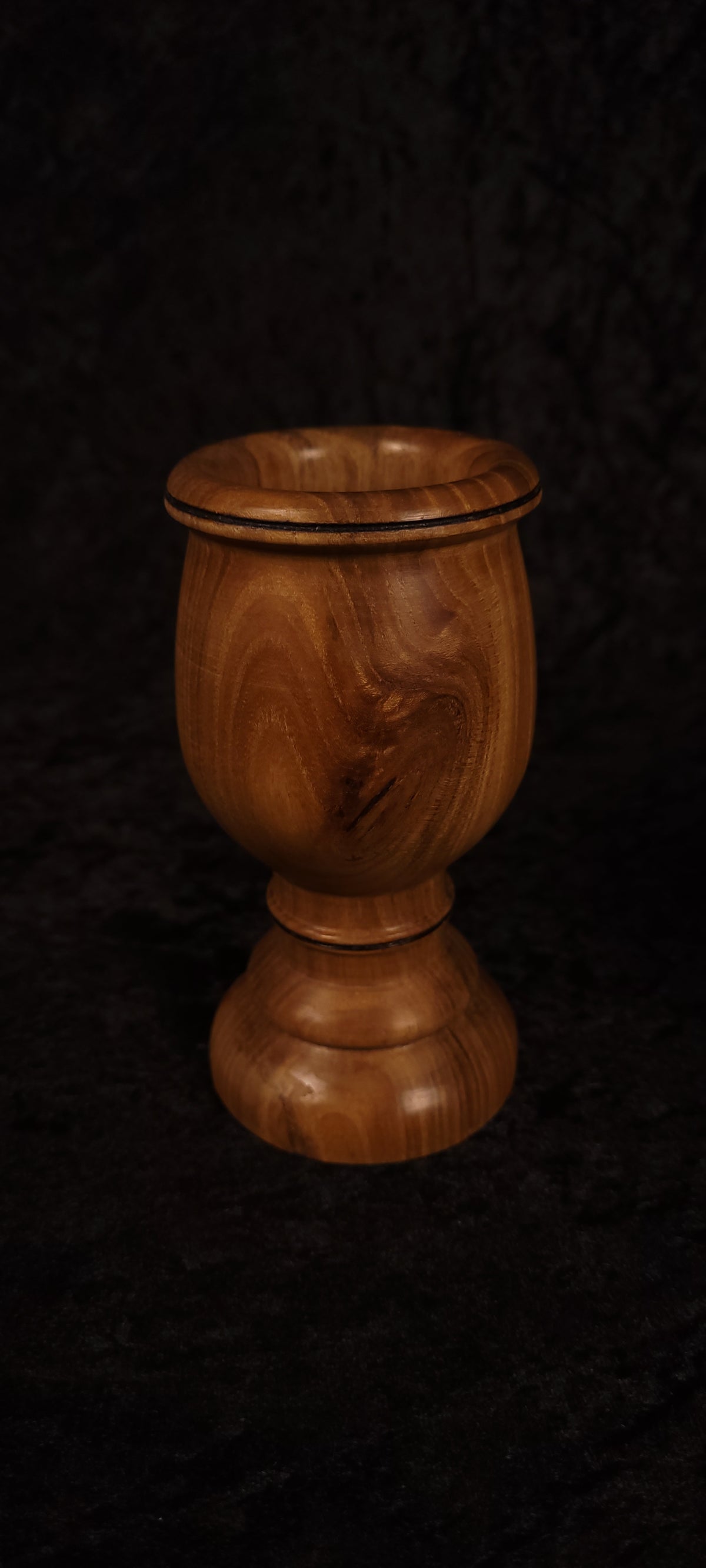 Elm wood toothpick holder empty showing tulip goblet form