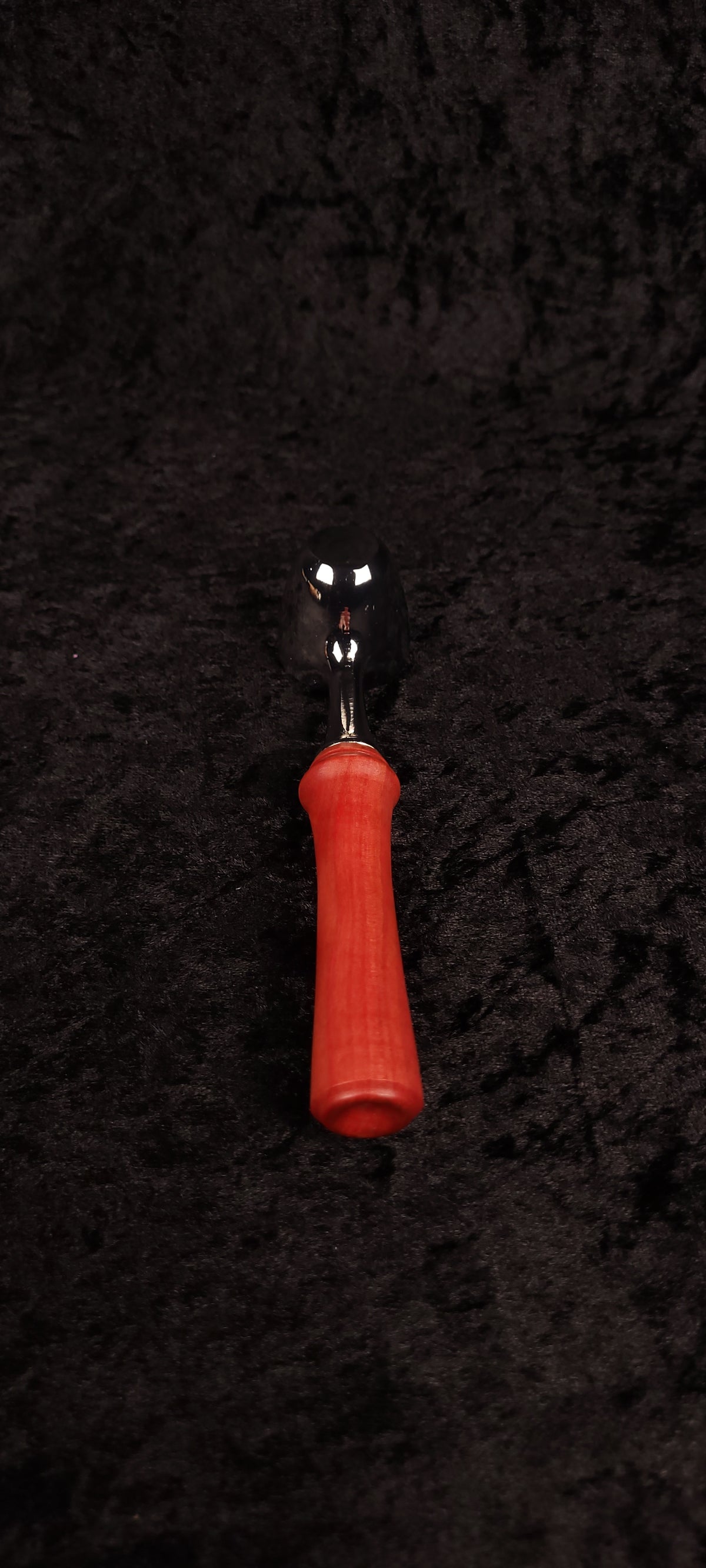 Pink Ivory wood coffee scoop side view showing chrome dome