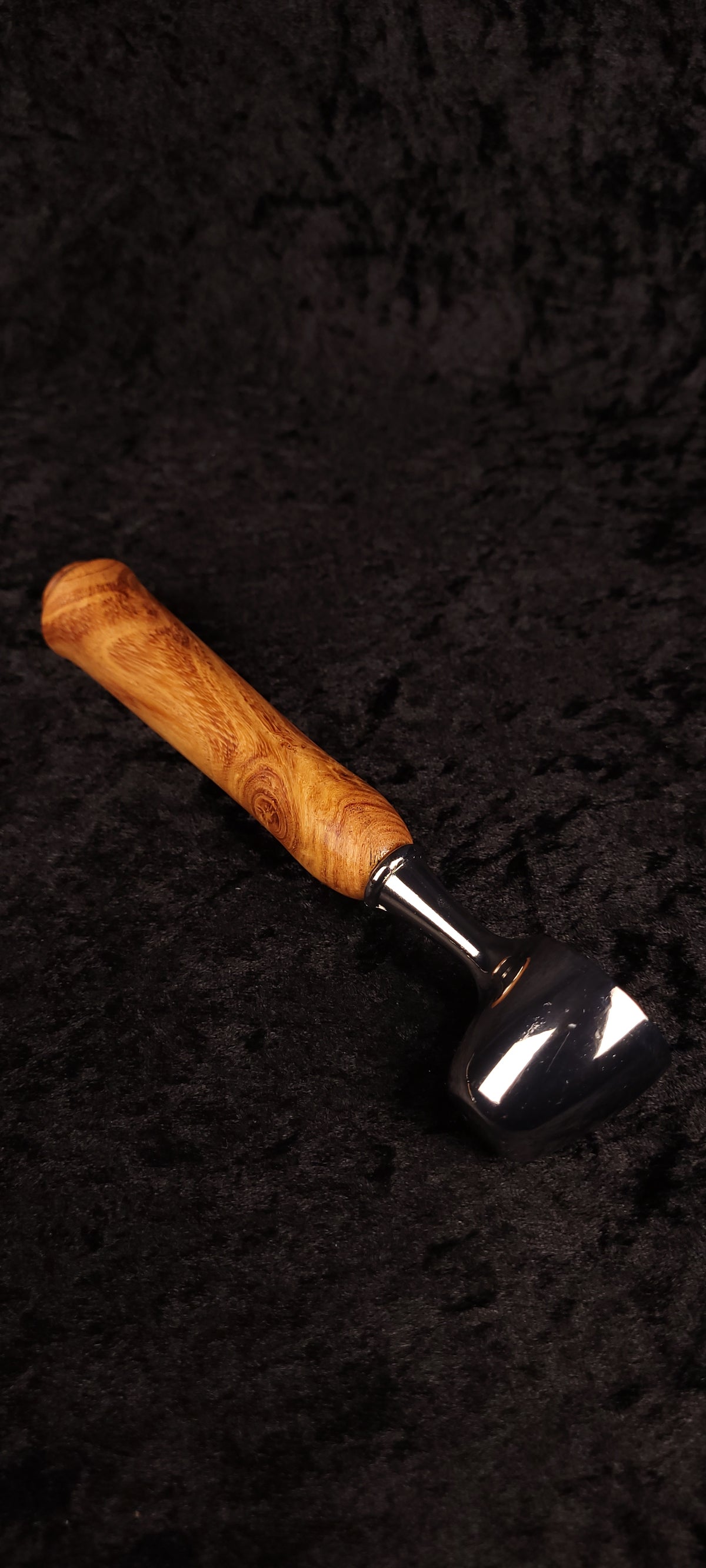 Locust wood coffee scoop side view showing full chrome dome and handle
