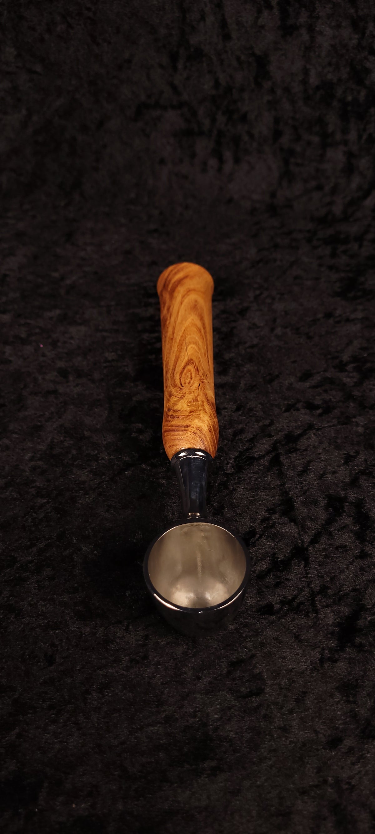 Locust wood coffee scoop upright view showing chrome scoop and handle profile