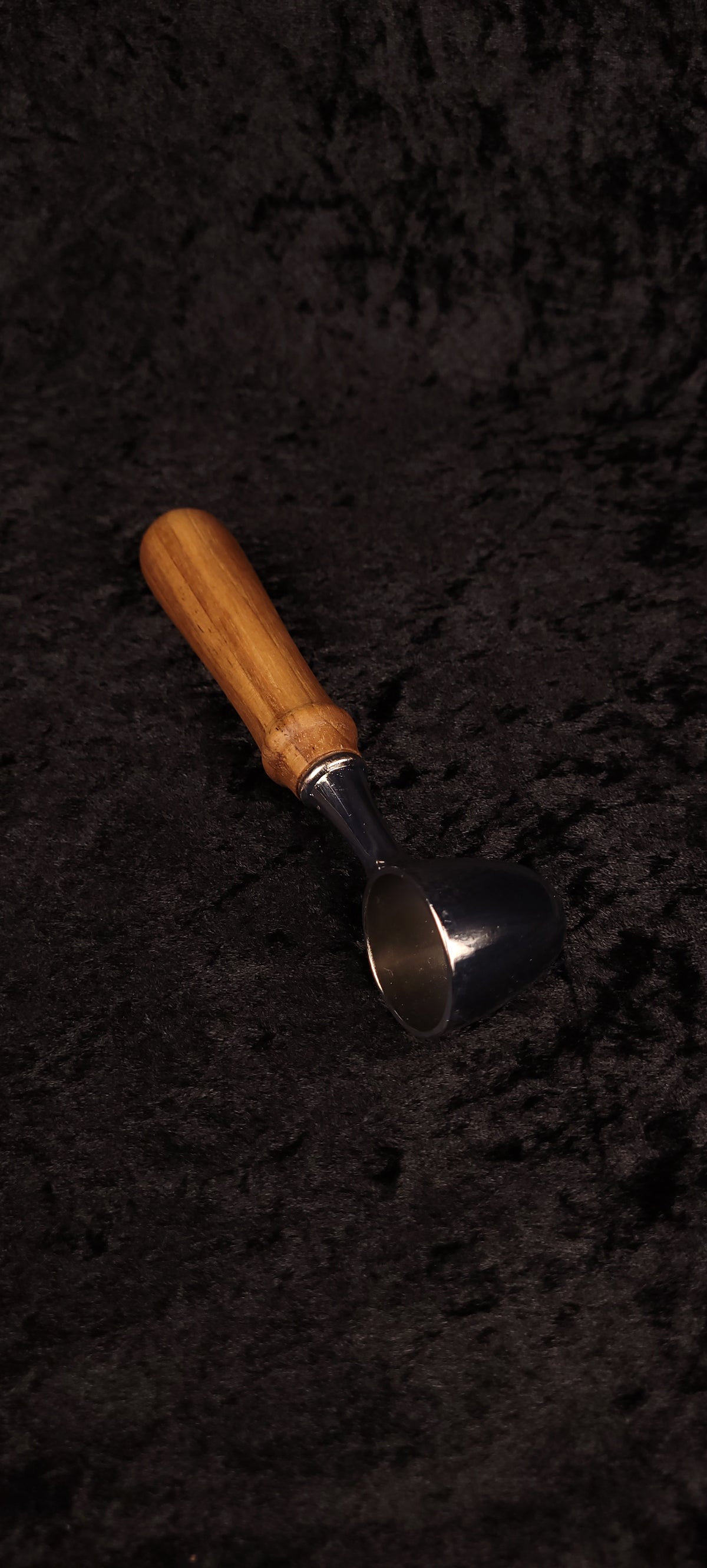 Walnut coffee scoop side view showing chrome scoop bowl and walnut handle