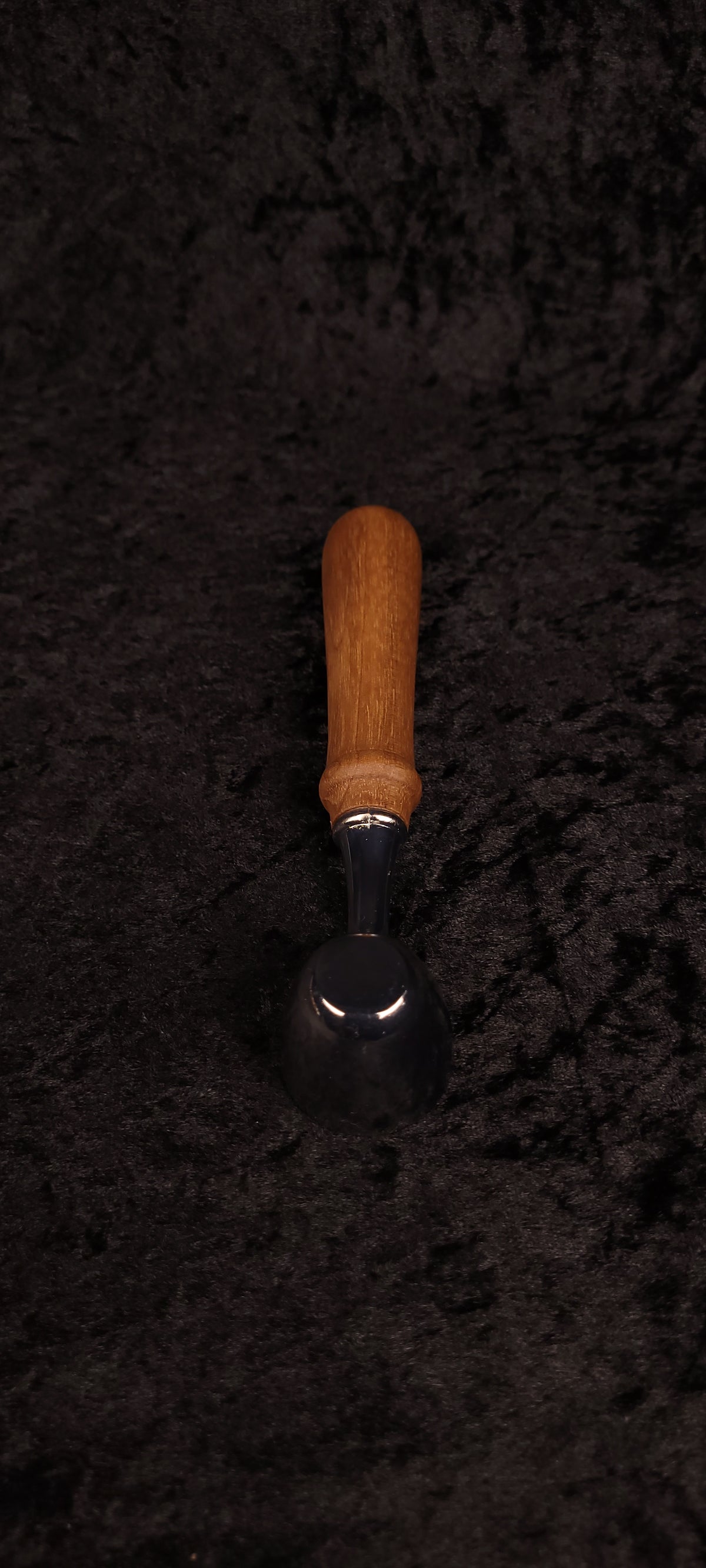 Walnut coffee scoop top-down view showing full length and chrome scoop