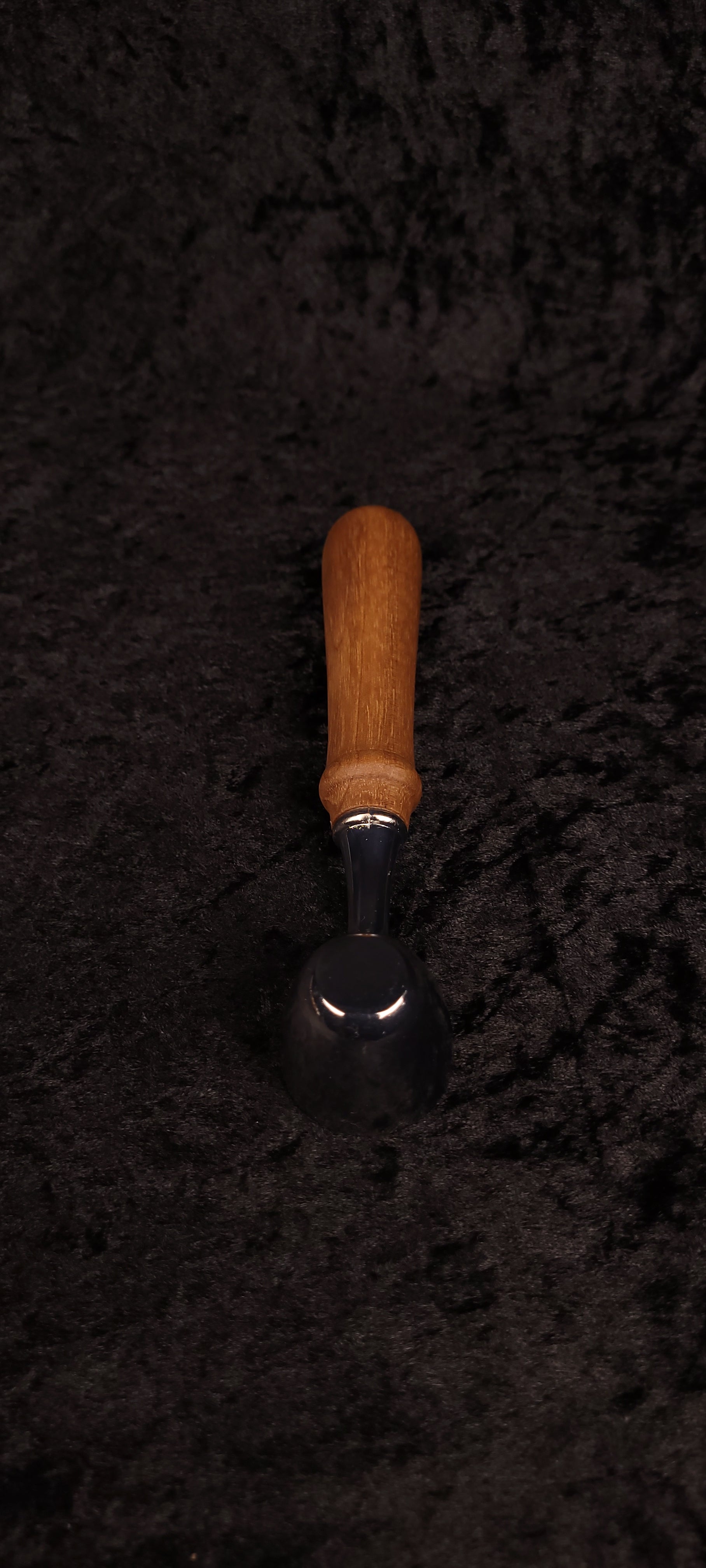 Walnut coffee scoop top-down view showing full length and chrome scoop