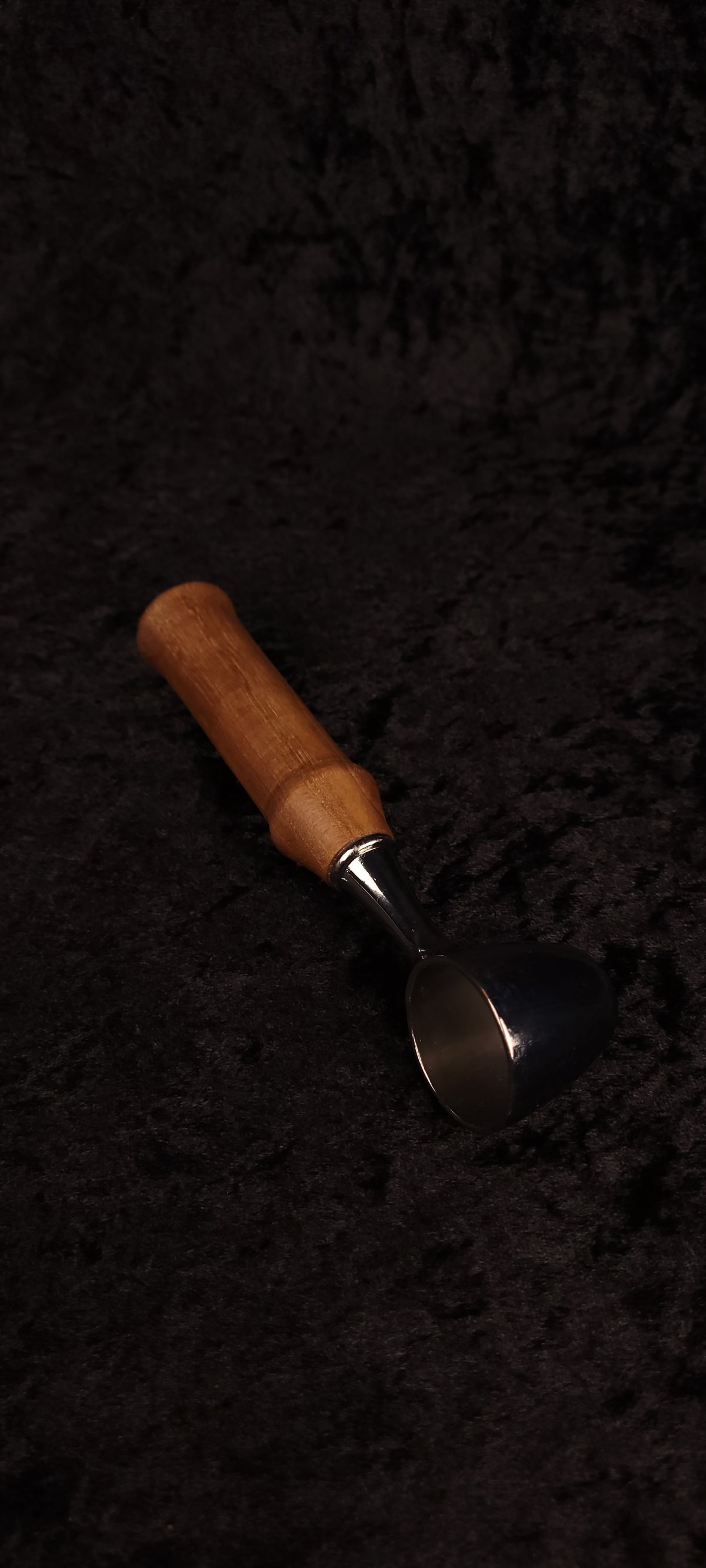 Walnut coffee scoop No. 2 side view showing open chrome scoop bowl and walnut handle