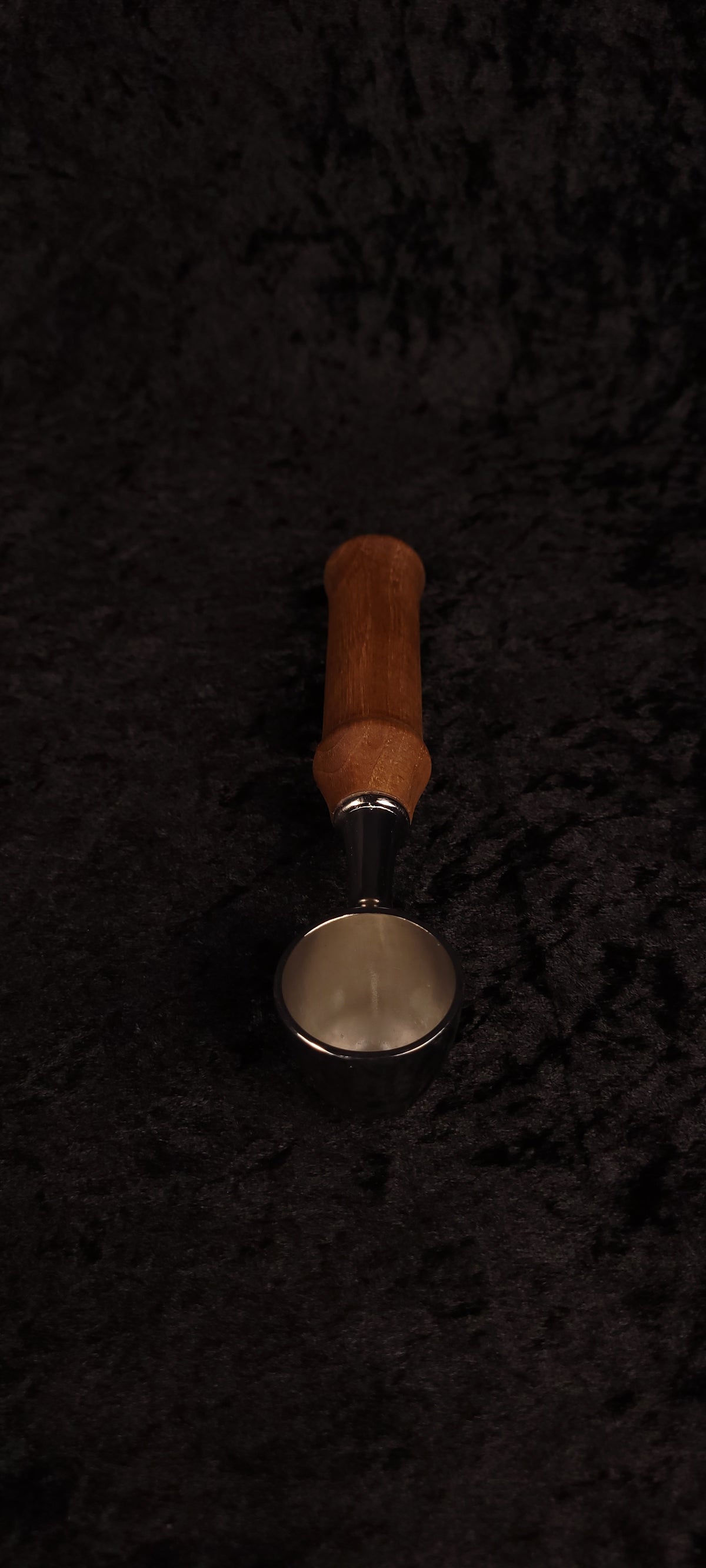 Walnut coffee scoop No. 2 top-down view showing full length and chrome scoop