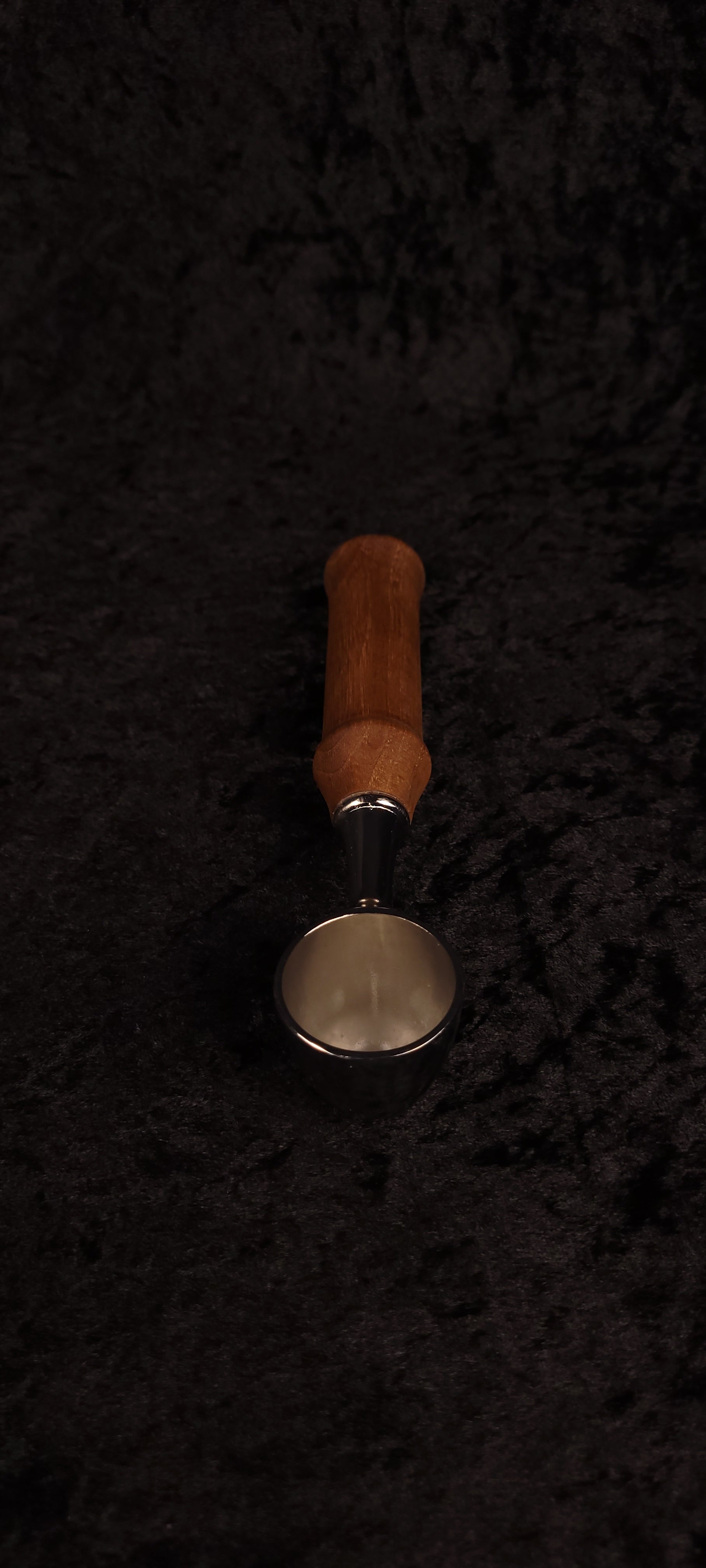 Walnut coffee scoop No. 2 top-down view showing full length and chrome scoop