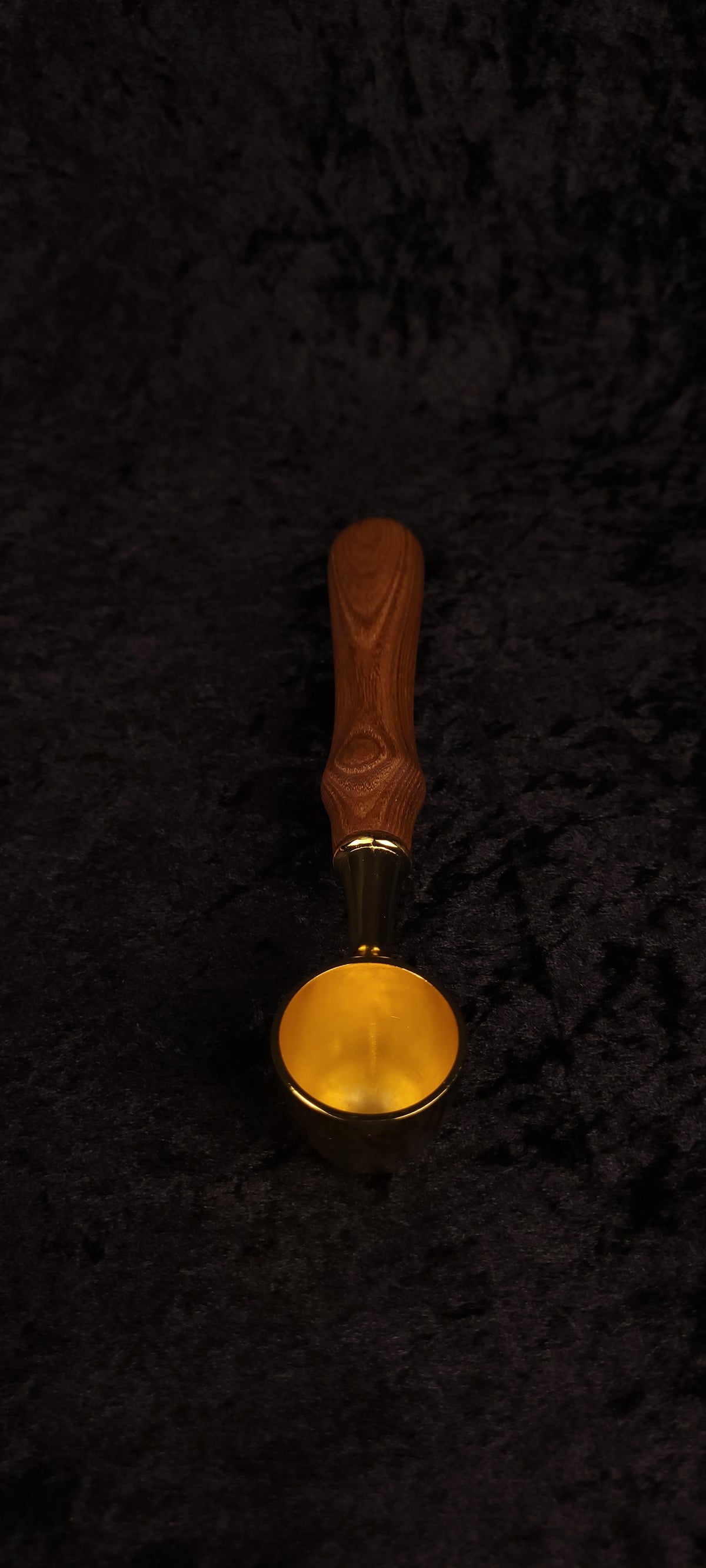 Catalpa wood coffee scoop top-down view showing gold scoop face and full handle length