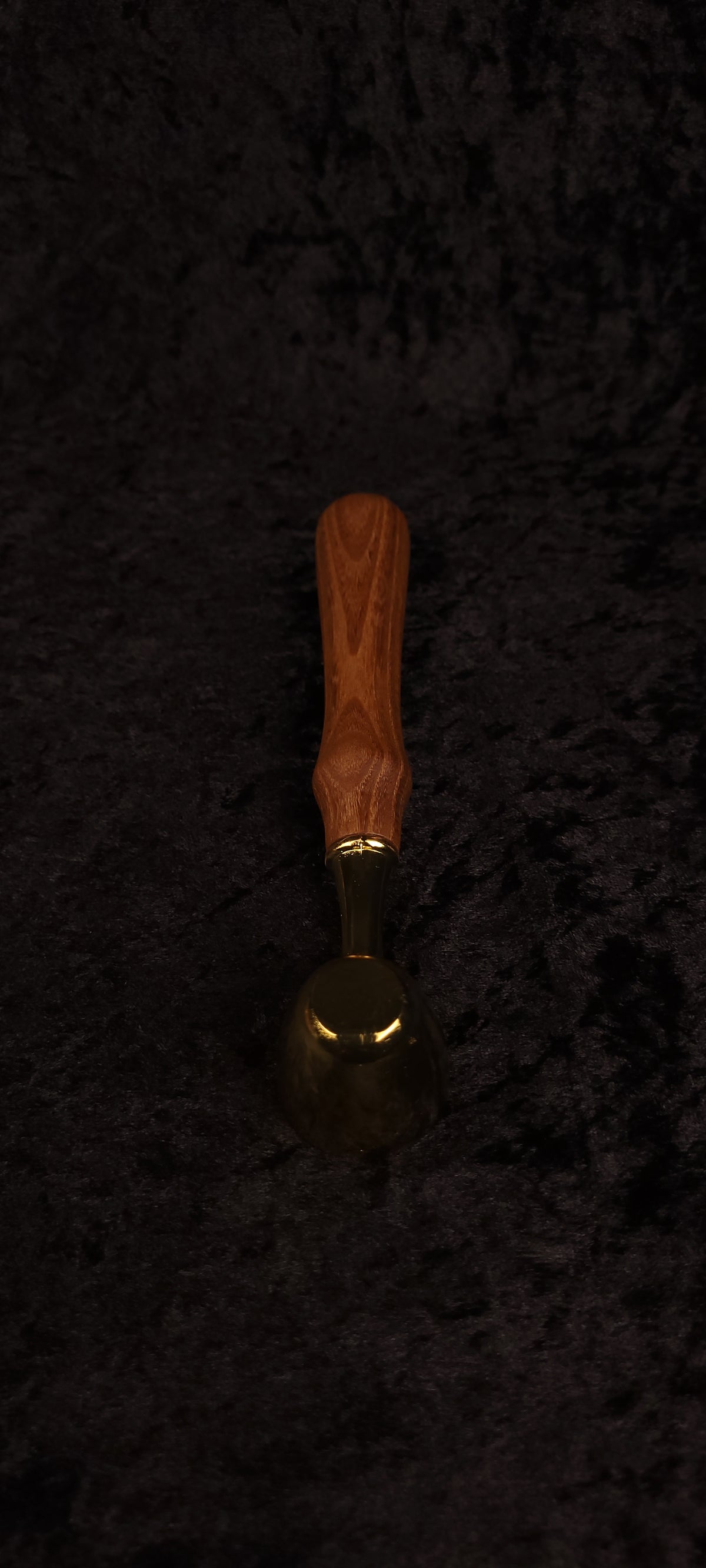 Catalpa wood coffee scoop upright view showing handle grain and gold neck ferrule