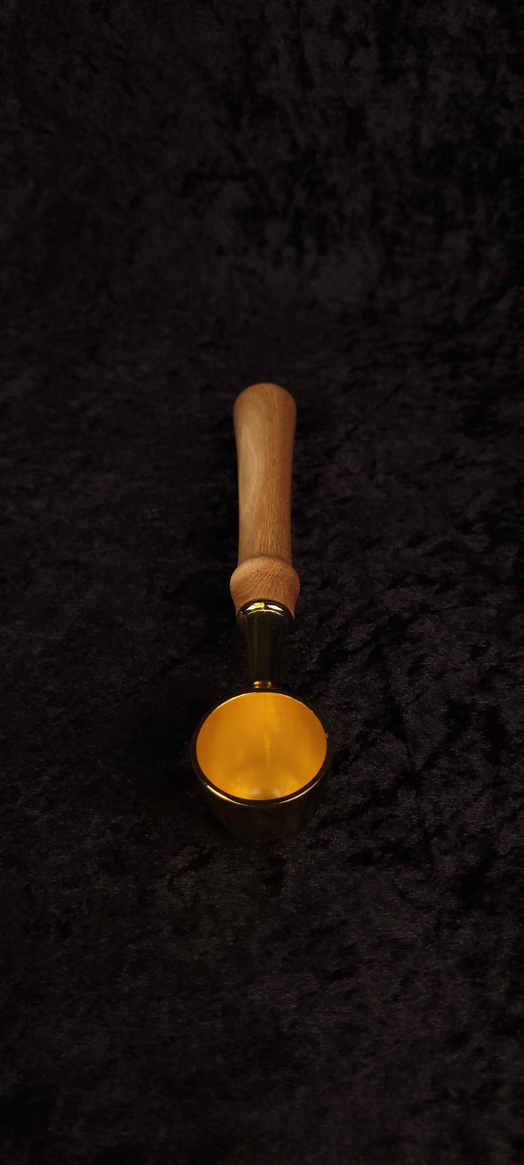 Catalpa wood coffee scoop No. 2 top-down view showing gold scoop face and full handle length