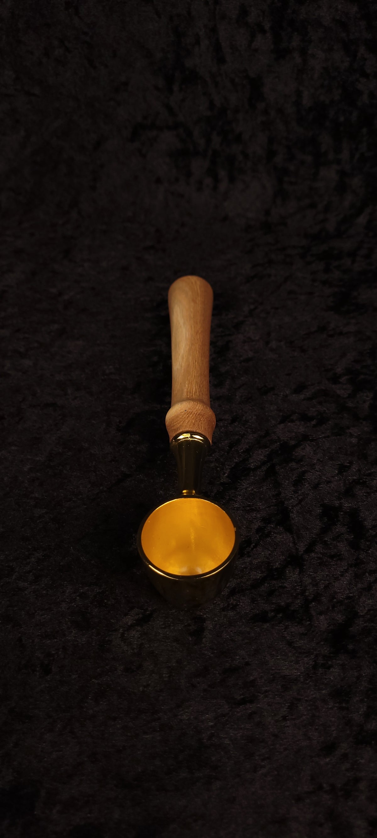 Catalpa wood coffee scoop No. 2 top-down view showing gold scoop face and full handle length