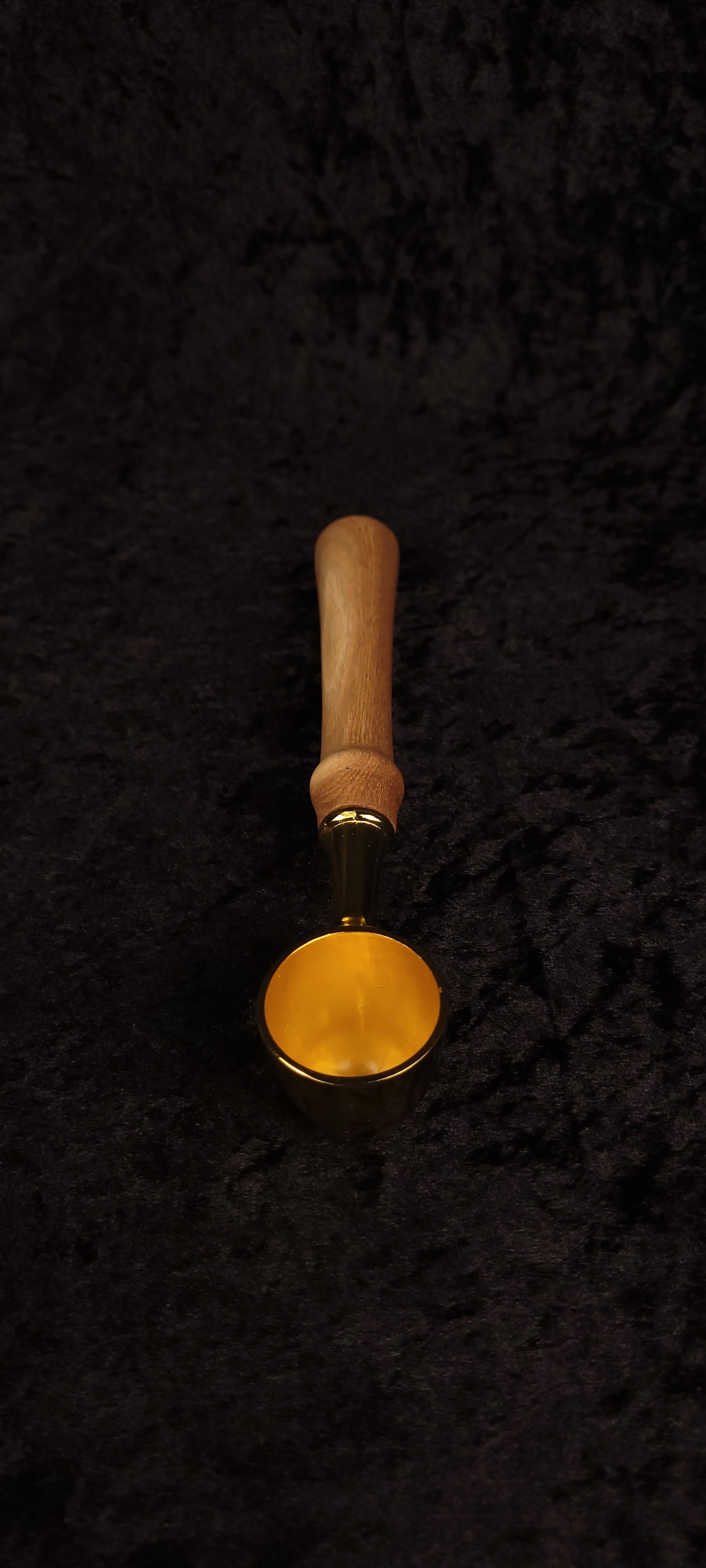 Catalpa wood coffee scoop No. 2 top-down view showing gold scoop face and full handle length