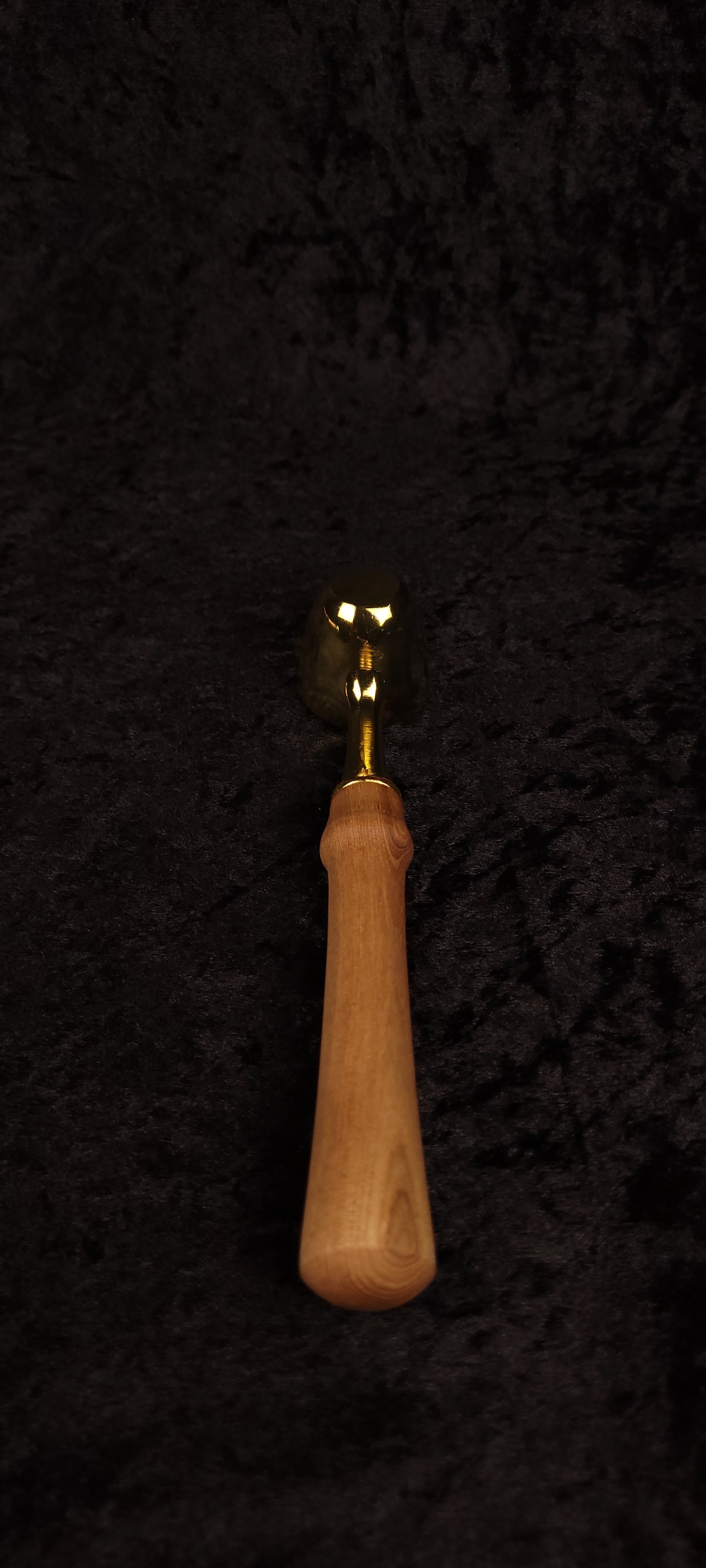 Catalpa wood coffee scoop No. 2 upright view showing tapered handle and gold neck ferrule