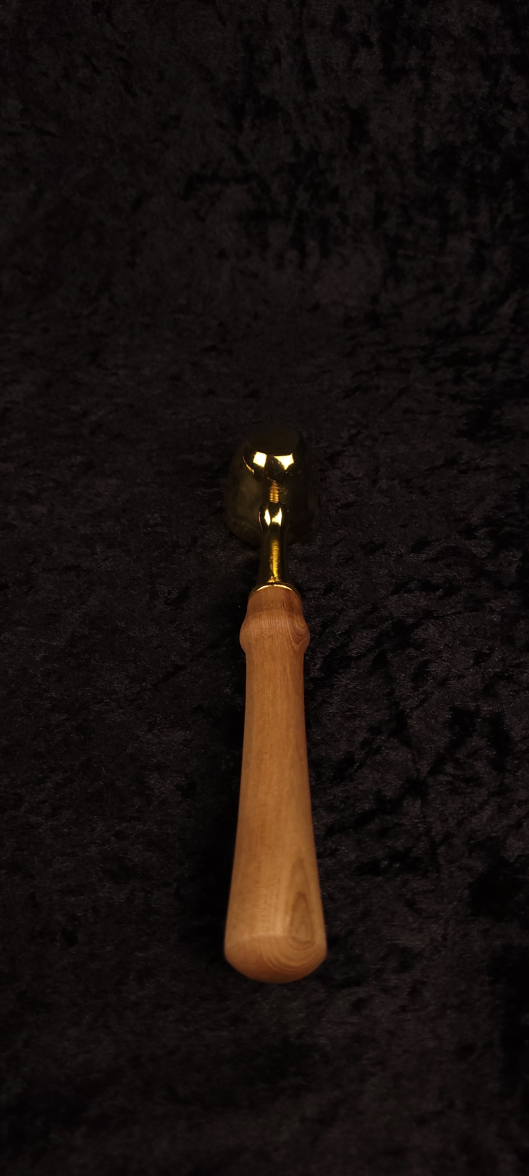 Catalpa wood coffee scoop No. 2 upright view showing tapered handle and gold neck ferrule