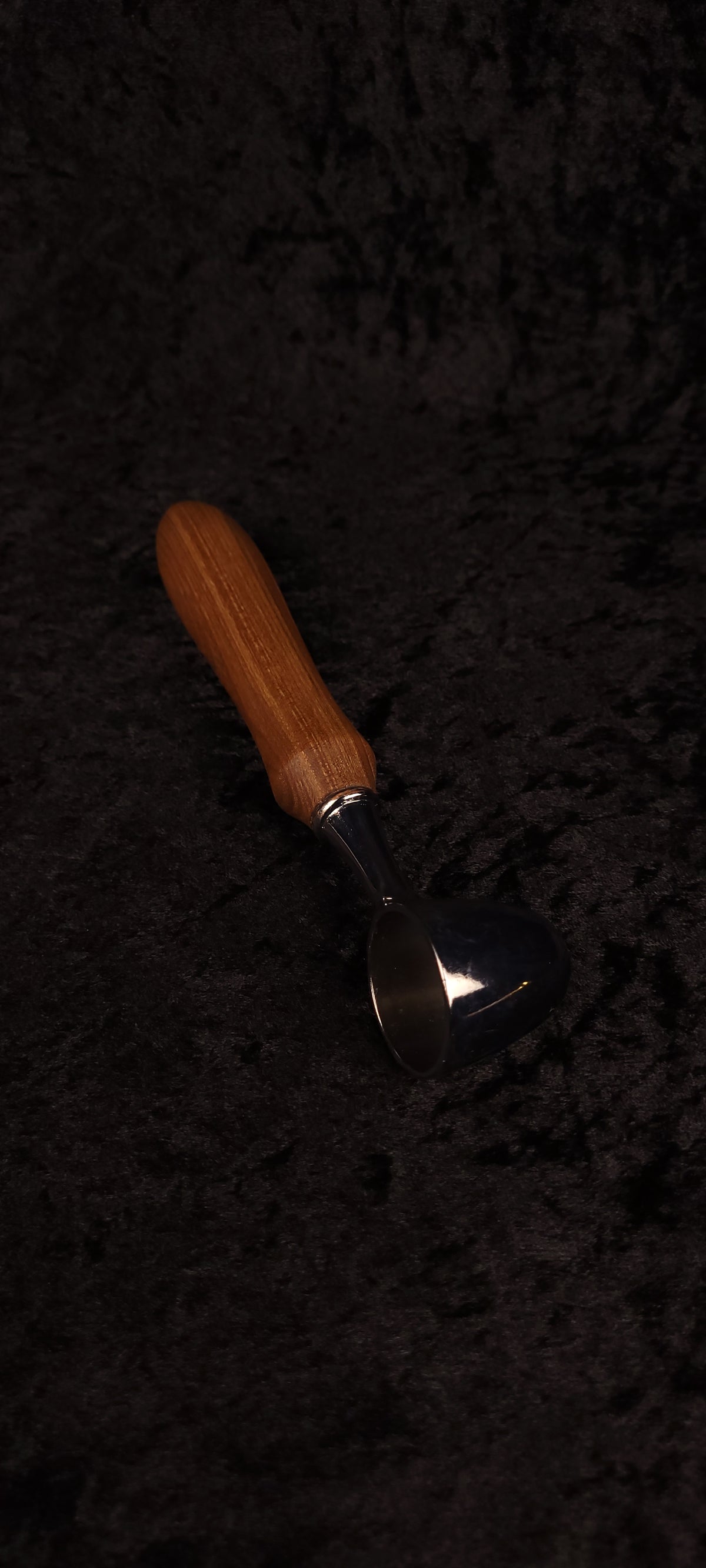 Catalpa wood coffee scoop No. 3 side view showing chrome dome scoop bowl and Catalpa handle