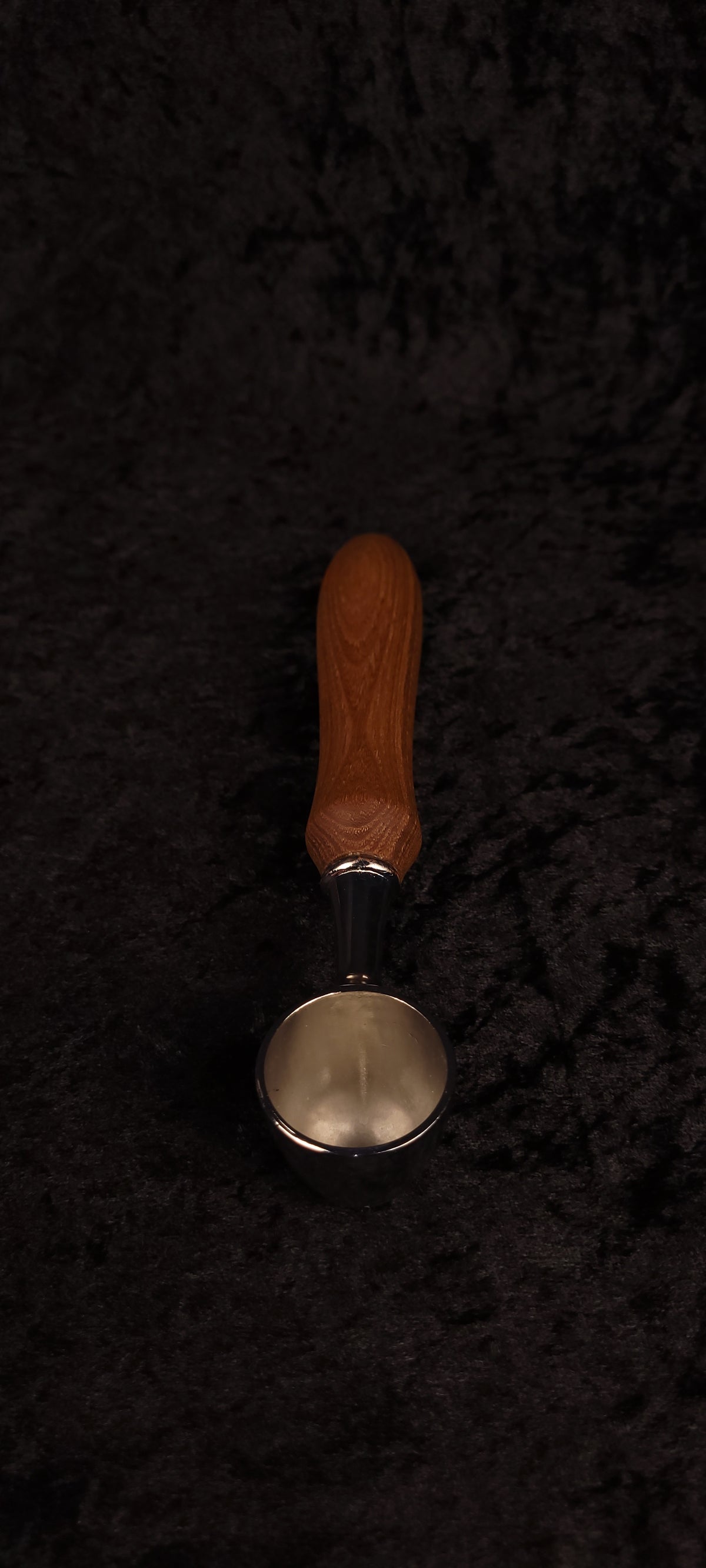 Catalpa wood coffee scoop No. 3 top-down view showing chrome open scoop face and full handle length