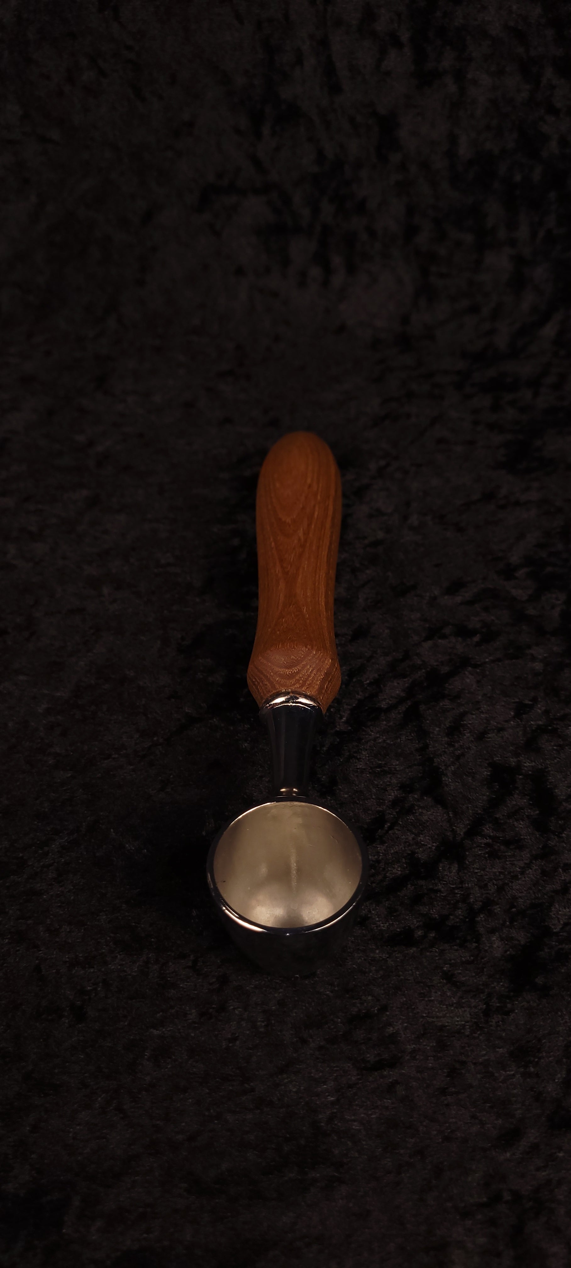 Catalpa wood coffee scoop No. 3 top-down view showing chrome open scoop face and full handle length